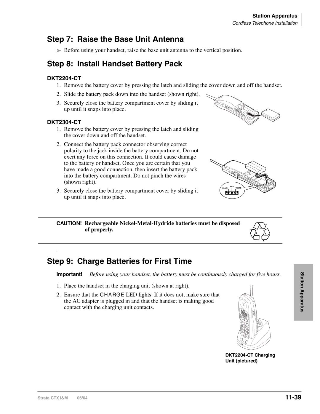 Toshiba CTX28 manual Raise the Base Unit Antenna, Install Handset Battery Pack, Charge Batteries for First Time, 11-39 