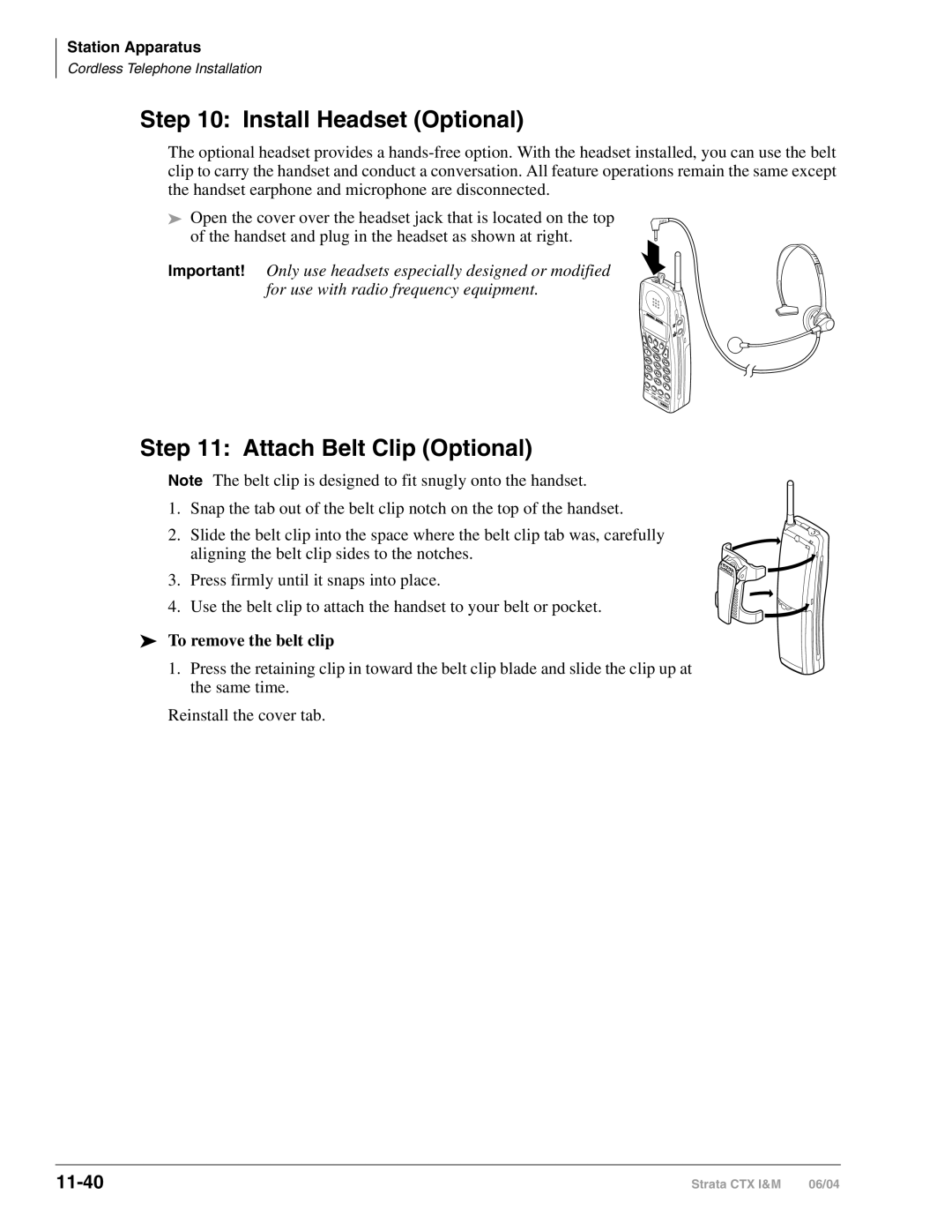 Toshiba CTX28 manual Install Headset Optional, Attach Belt Clip Optional, 11-40, To remove the belt clip 