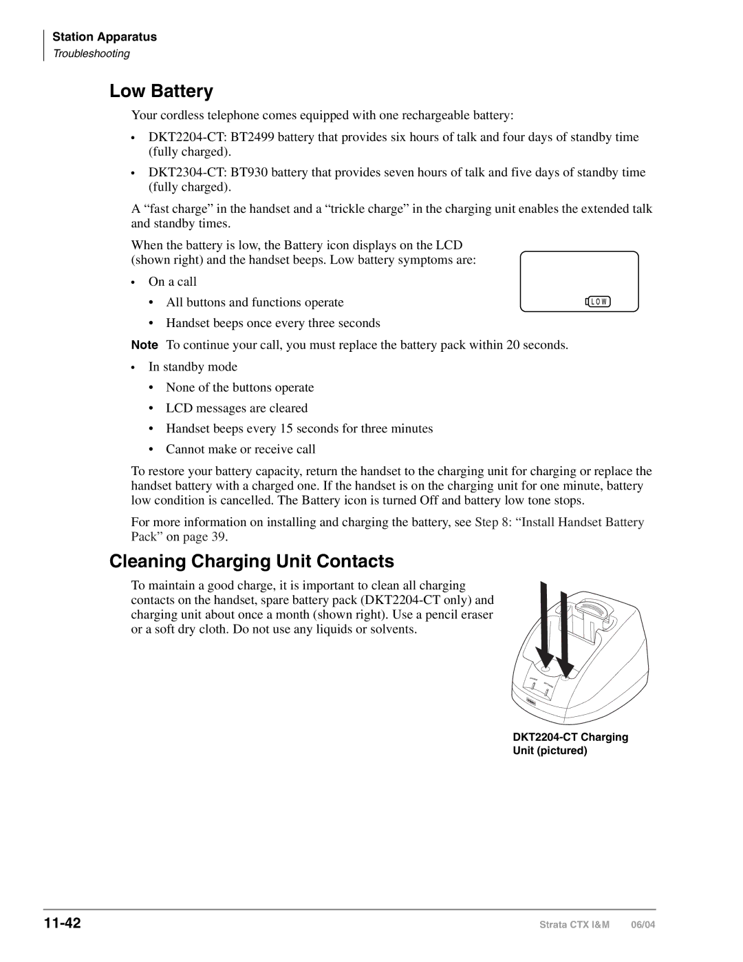 Toshiba CTX28 manual Low Battery, Cleaning Charging Unit Contacts, 11-42, DKT2204-CT Charging Unit pictured 