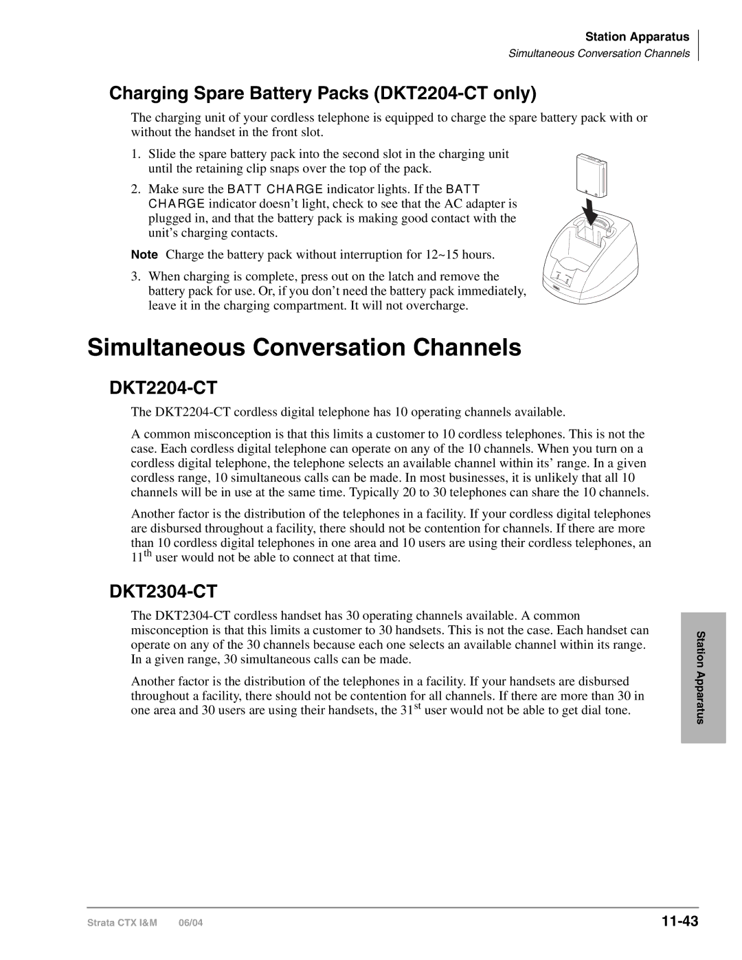 Toshiba CTX28 manual Simultaneous Conversation Channels, Charging Spare Battery Packs DKT2204-CT only, DKT2304-CT, 11-43 