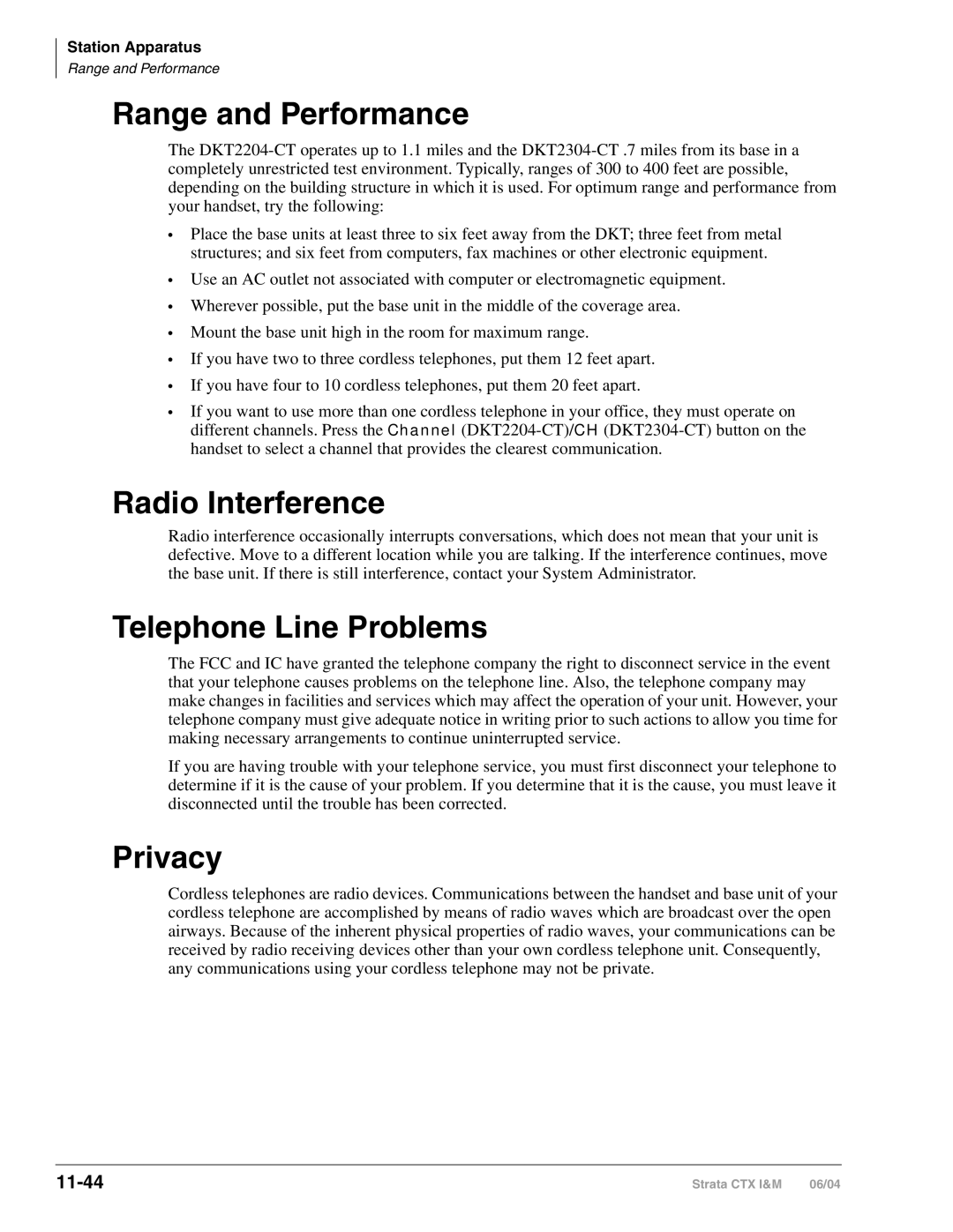 Toshiba CTX28 manual Range and Performance, Radio Interference, Telephone Line Problems, Privacy, 11-44 