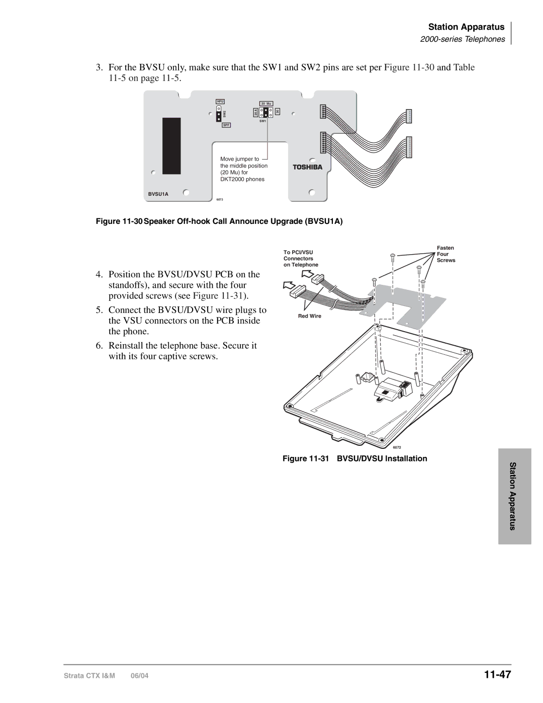 Toshiba CTX28 manual Speaker Off-hook Call Announce Upgrade BVSU1A, BVSU/DVSU Installation Station Apparatus 