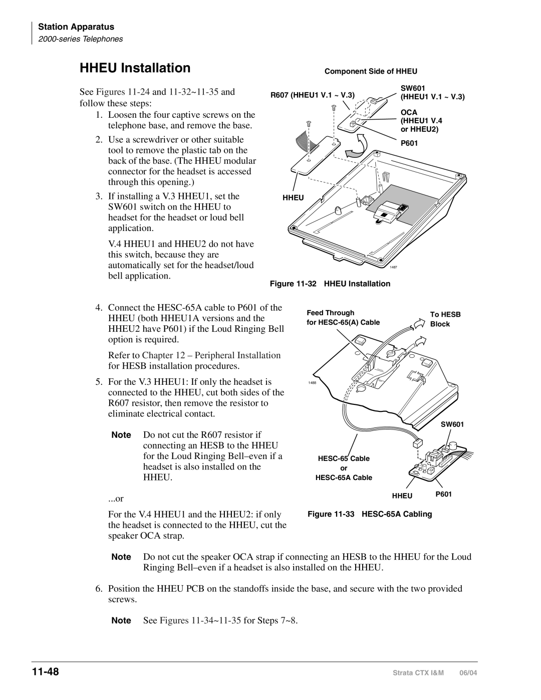 Toshiba CTX28 Hheu Installation, 11-48, Feed Through To Hesb For HESC-65A Cable Block, SW601 HESC-65 Cable HESC-65A Cable 