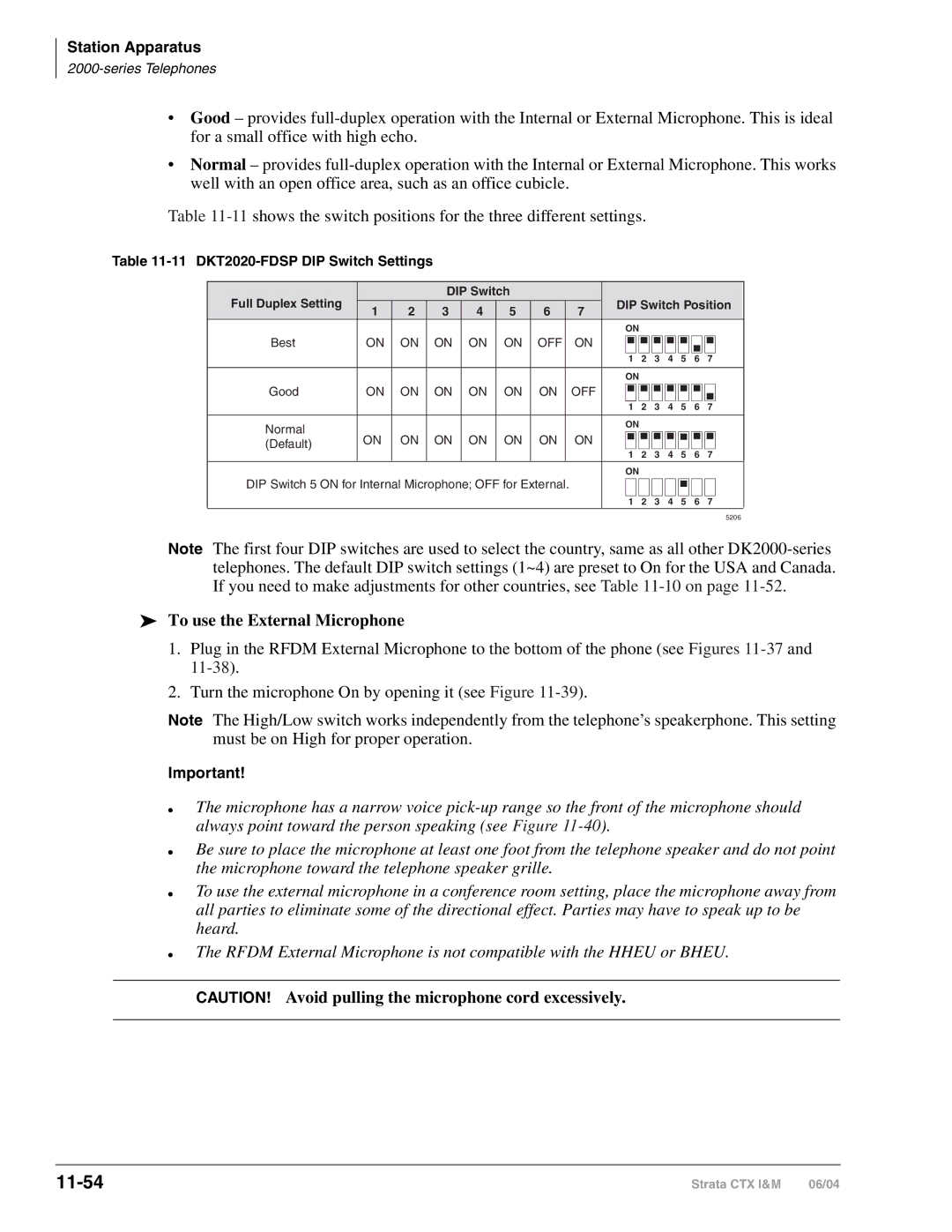 Toshiba CTX28 manual 11-54, To use the External Microphone, 11 DKT2020-FDSP DIP Switch Settings 