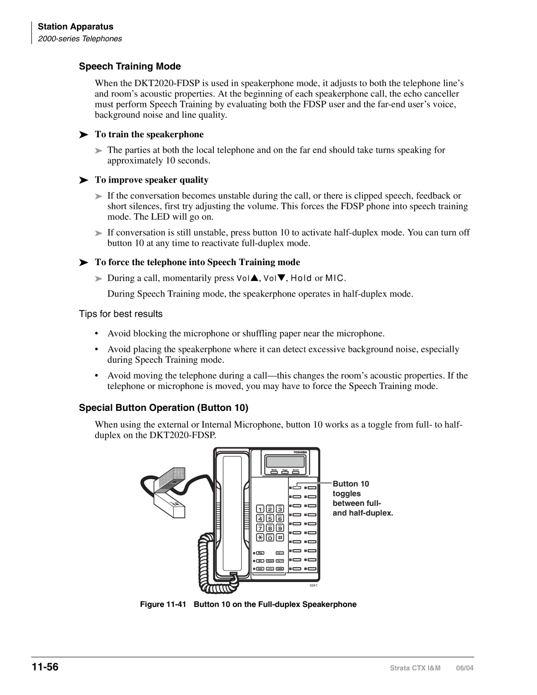 Toshiba CTX28 manual 11-56, Speech Training Mode, Special Button Operation Button 