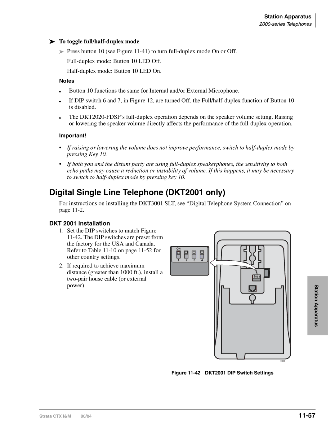 Toshiba CTX28 Digital Single Line Telephone DKT2001 only, 11-57, To toggle full/half-duplex mode, DKT 2001 Installation 