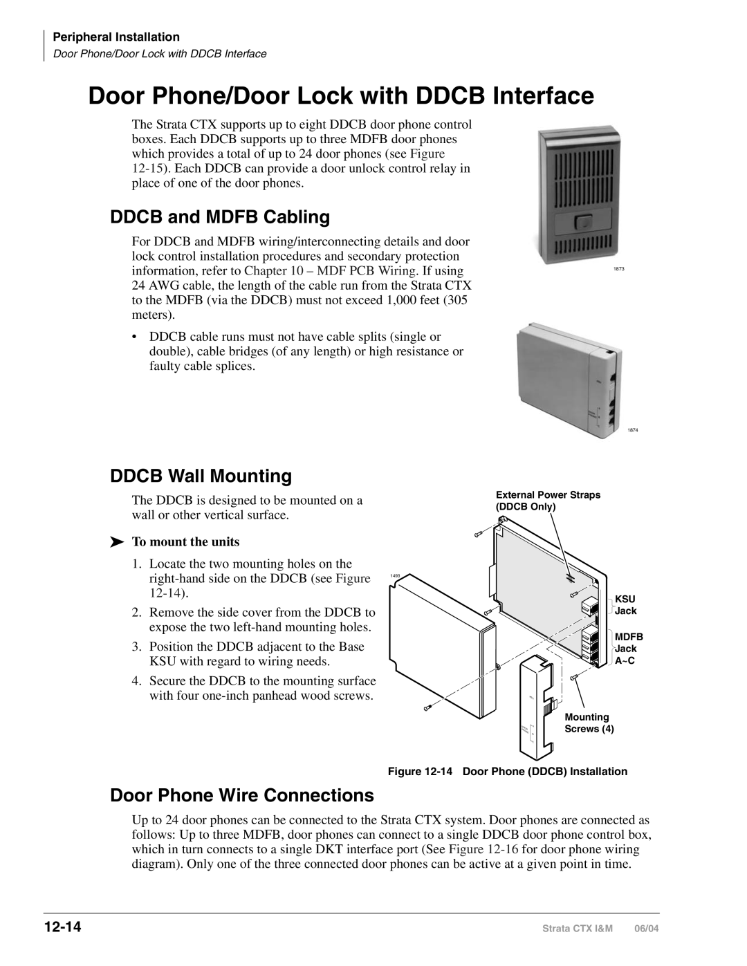 Toshiba CTX28 manual Ddcb and Mdfb Cabling, Ddcb Wall Mounting, Door Phone Wire Connections, 12-14, To mount the units 