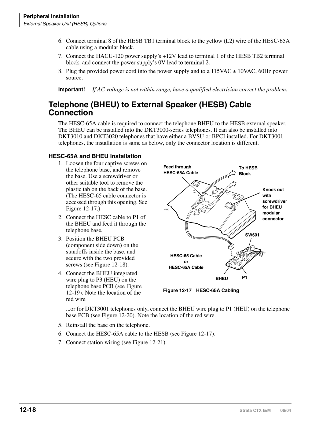 Toshiba CTX28 manual Telephone Bheu to External Speaker Hesb Cable Connection, 12-18, HESC-65A and Bheu Installation 