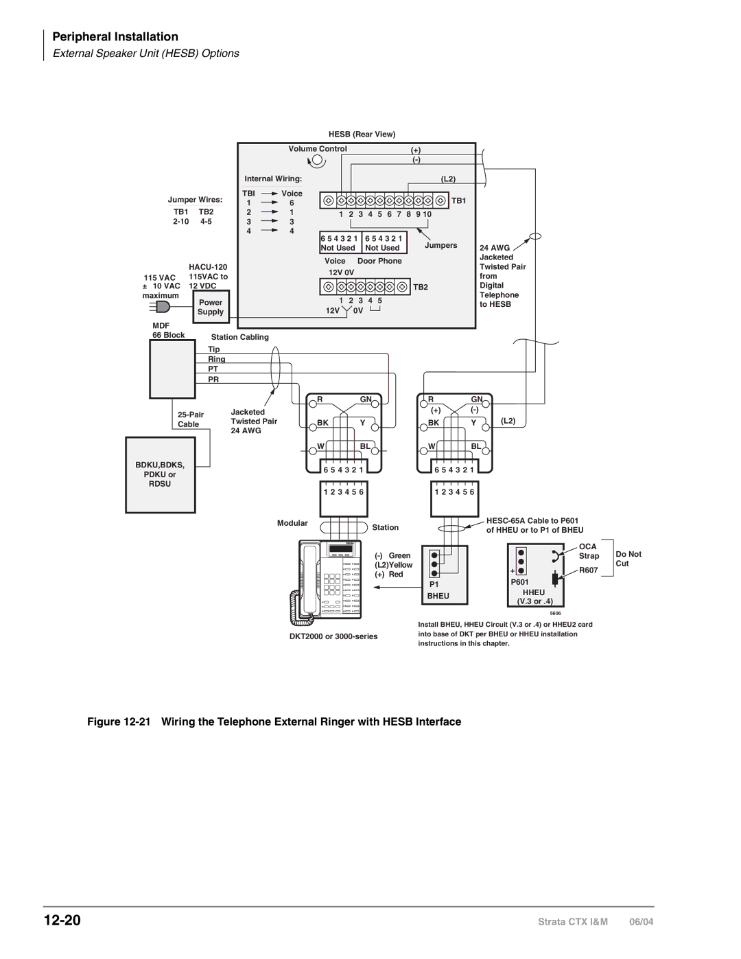 Toshiba CTX28 manual 12-20, Wiring the Telephone External Ringer with Hesb Interface 