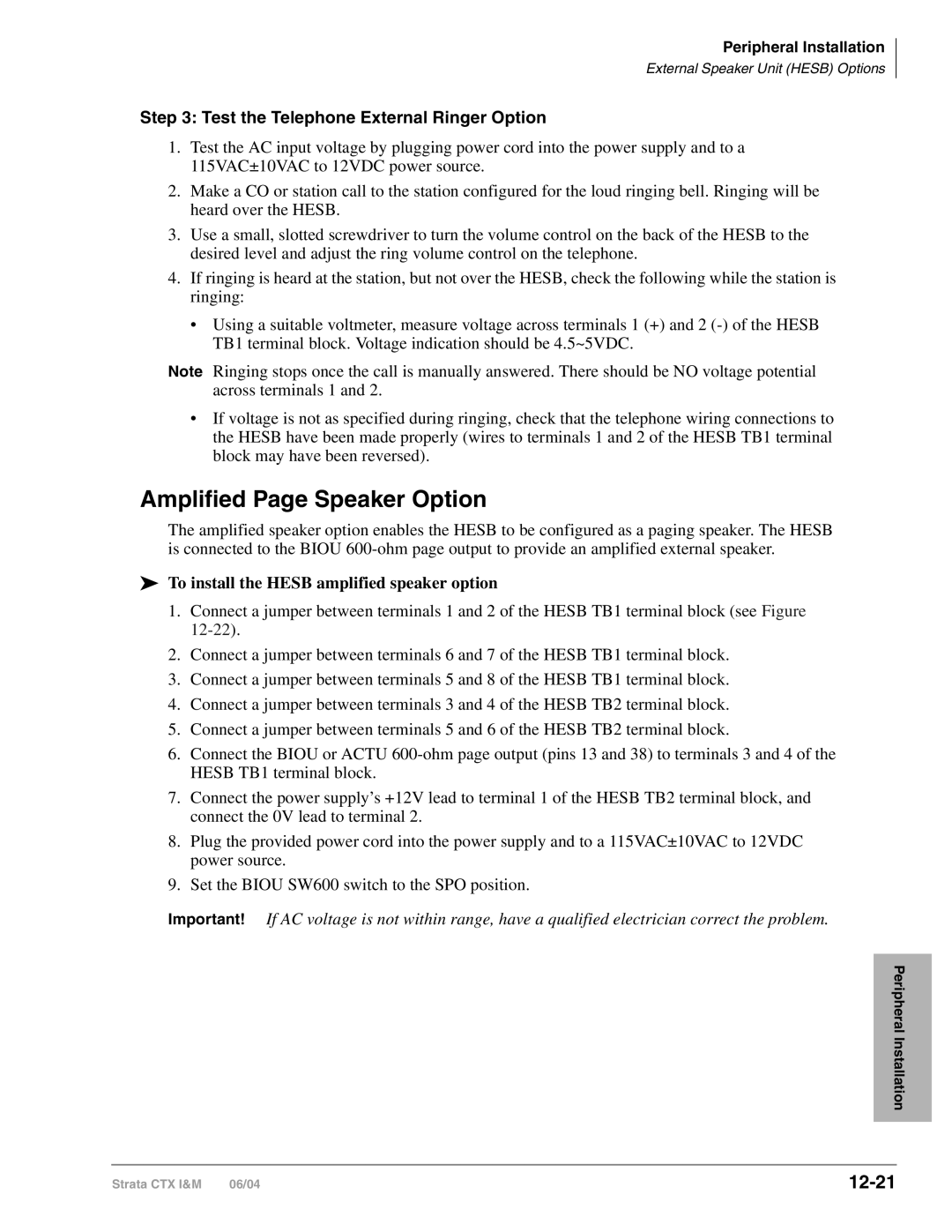 Toshiba CTX28 manual Amplified Page Speaker Option, 12-21, Test the Telephone External Ringer Option 