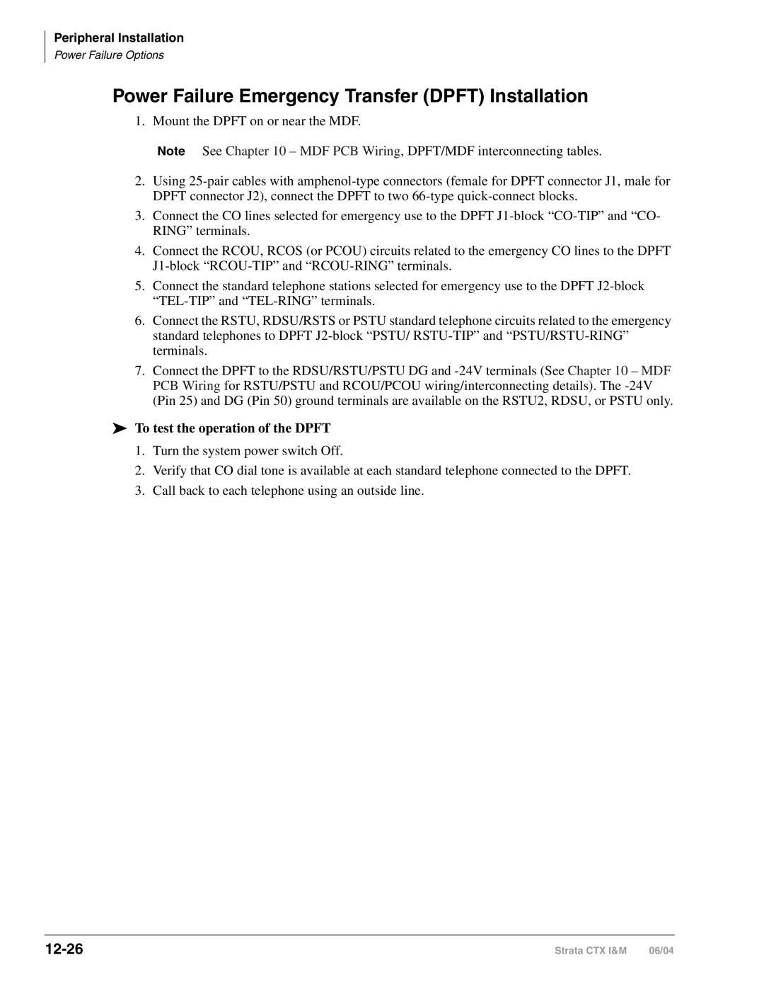 Toshiba CTX28 manual Power Failure Emergency Transfer Dpft Installation, 12-26, To test the operation of the Dpft 