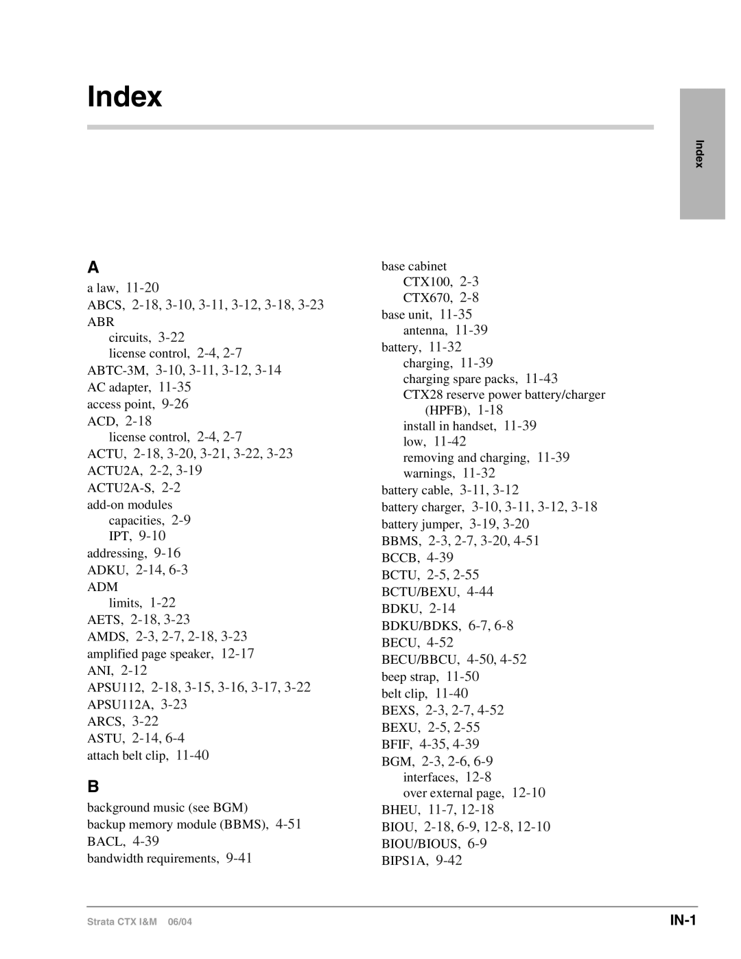 Toshiba CTX28 manual IN-1, Index 