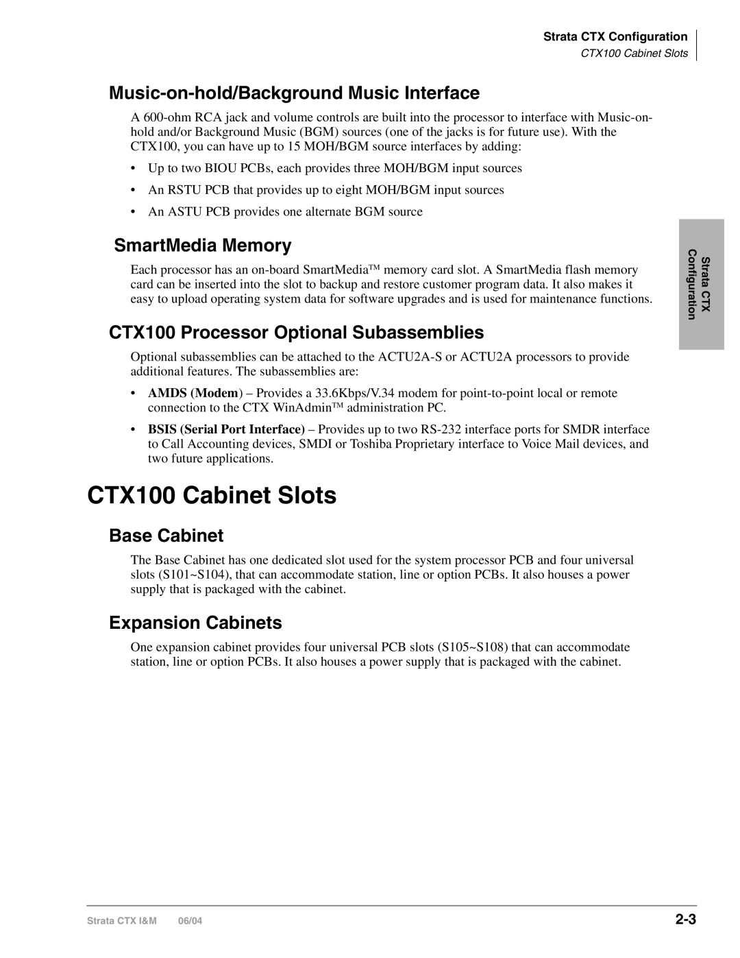 Toshiba CTX28 manual CTX100 Cabinet Slots 