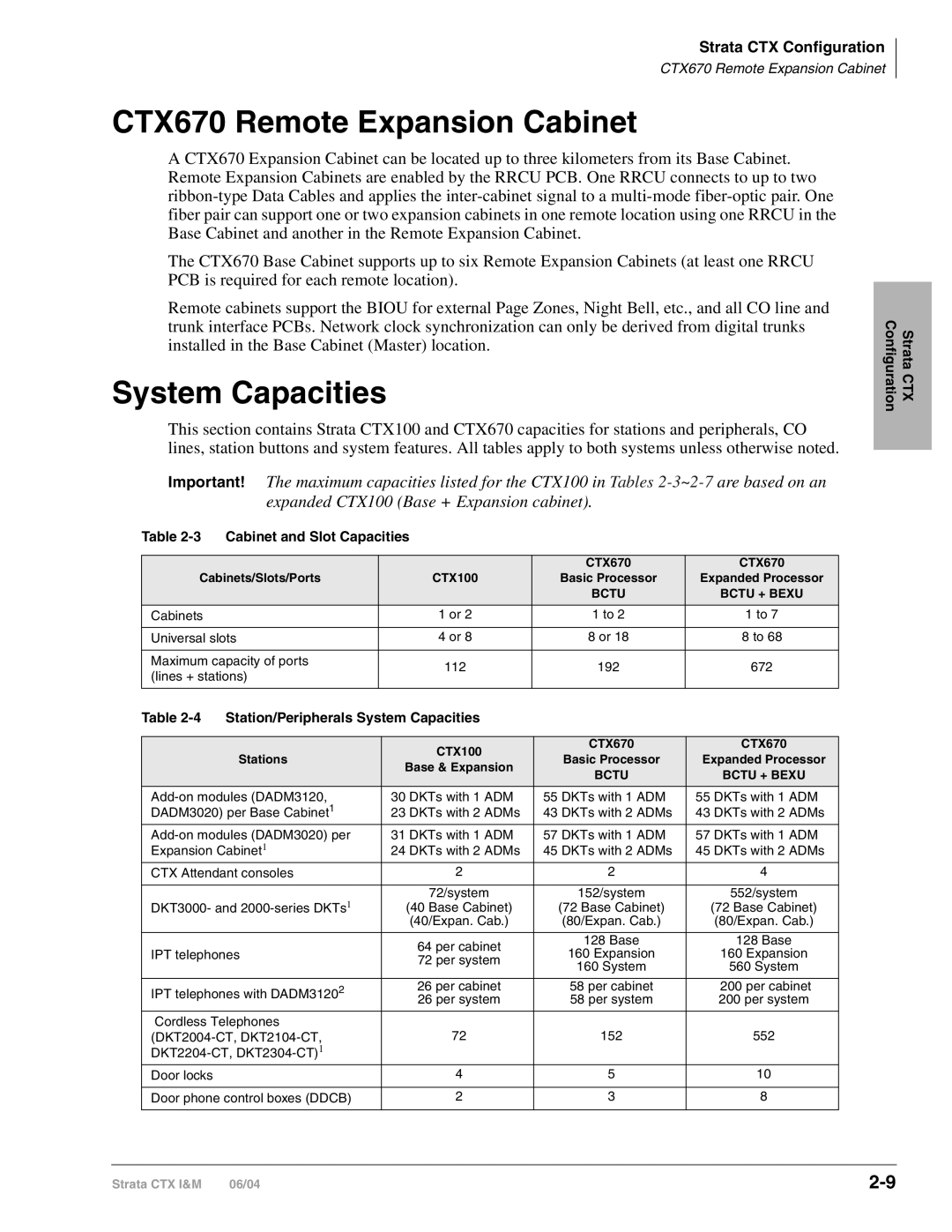 Toshiba CTX28 manual CTX670 Remote Expansion Cabinet, System Capacities, Cabinet and Slot Capacities 