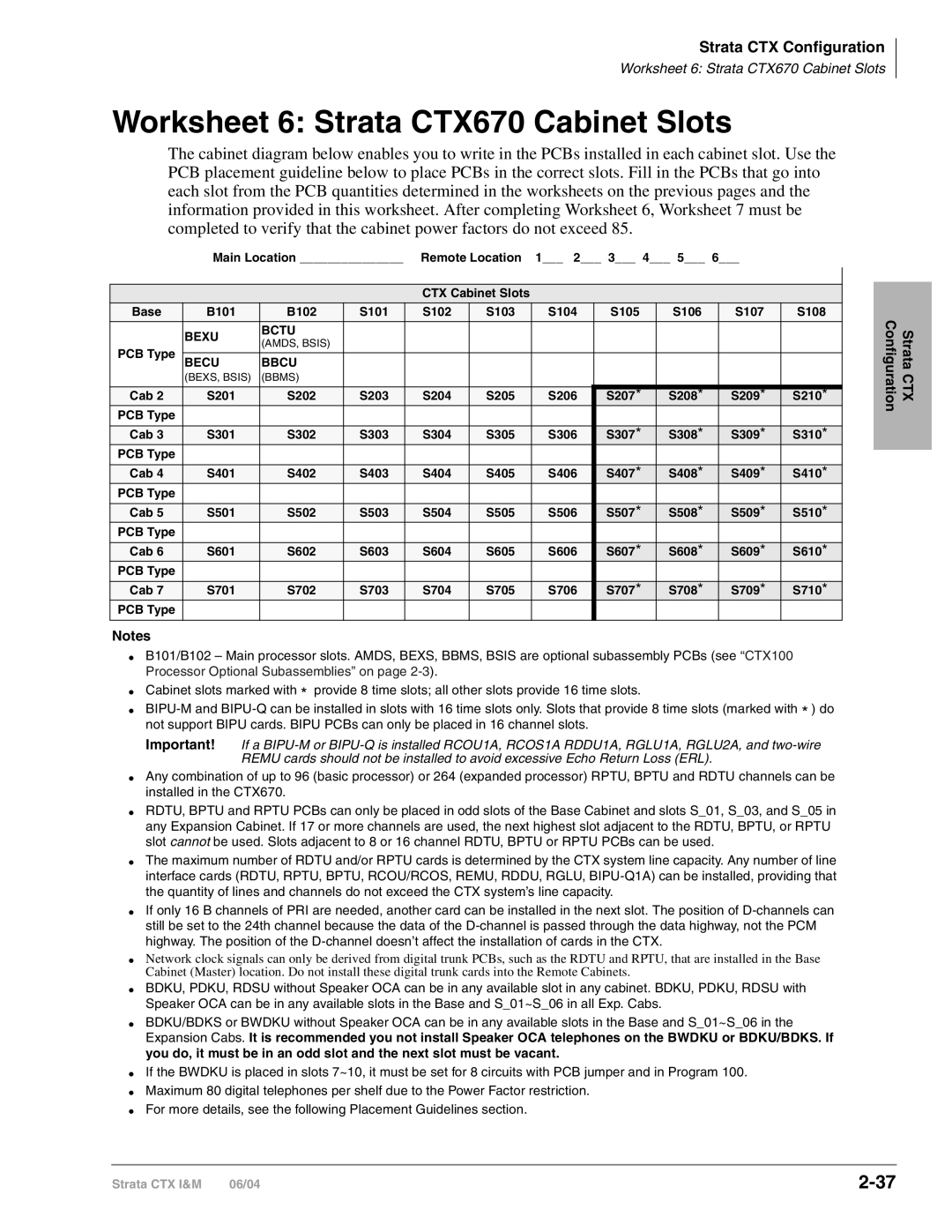 Toshiba CTX28 manual Worksheet 6 Strata CTX670 Cabinet Slots 