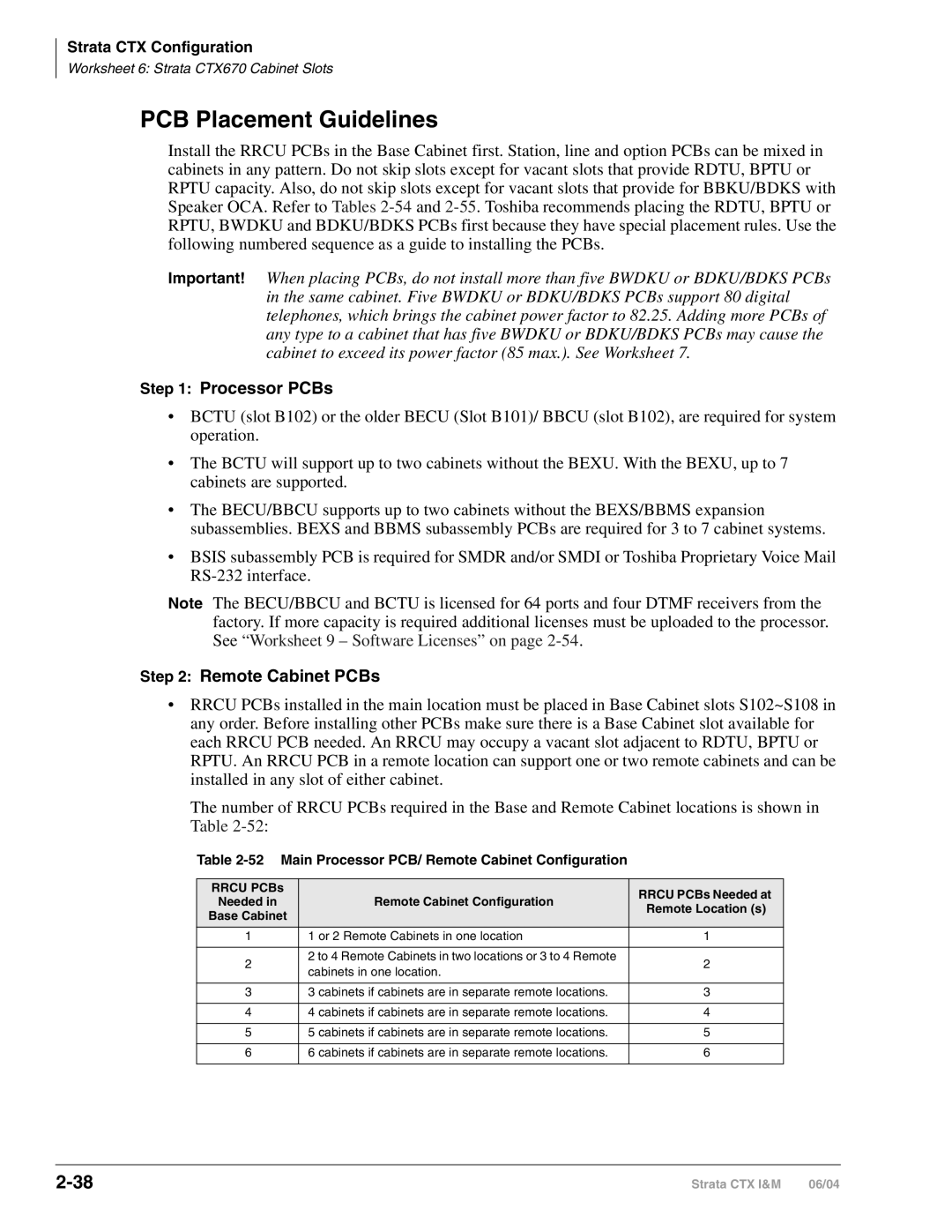 Toshiba CTX28 manual PCB Placement Guidelines, Processor PCBs, Remote Cabinet PCBs 