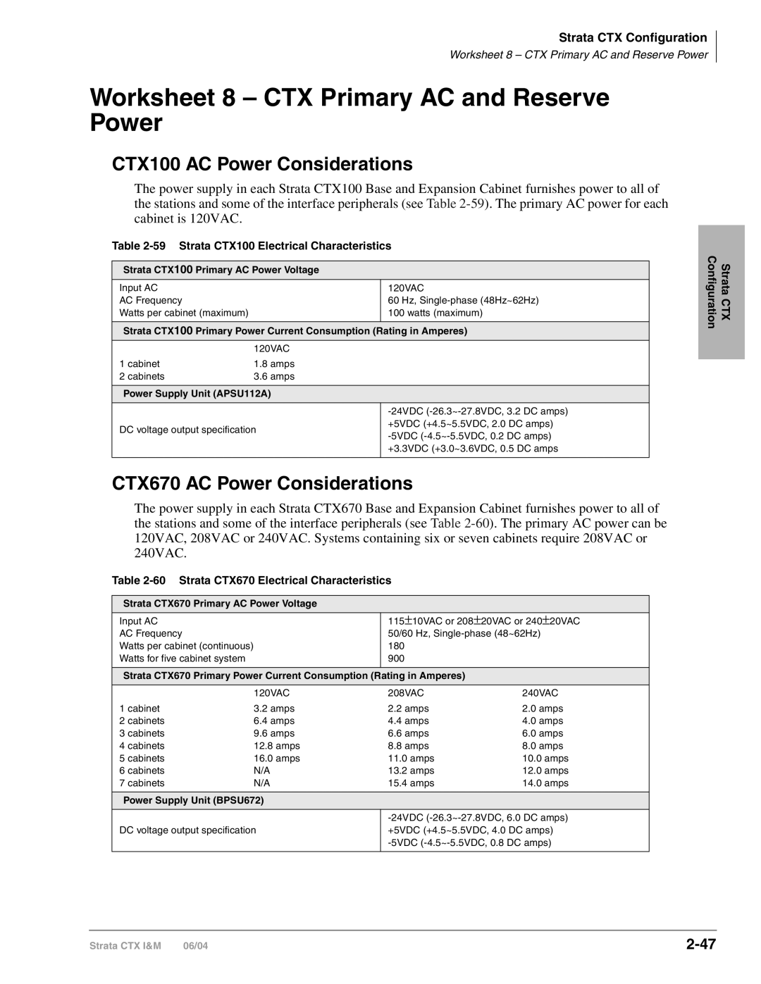 Toshiba CTX28 Worksheet 8 CTX Primary AC and Reserve Power, CTX100 AC Power Considerations, CTX670 AC Power Considerations 