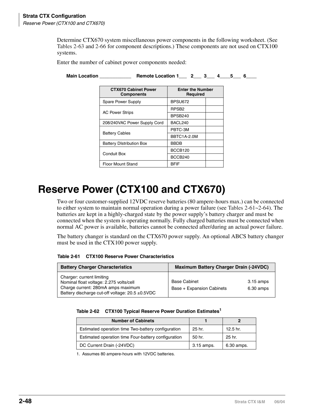 Toshiba CTX28 Reserve Power CTX100 and CTX670, 62 CTX100 Typical Reserve Power Duration Estimates, Number of Cabinets 