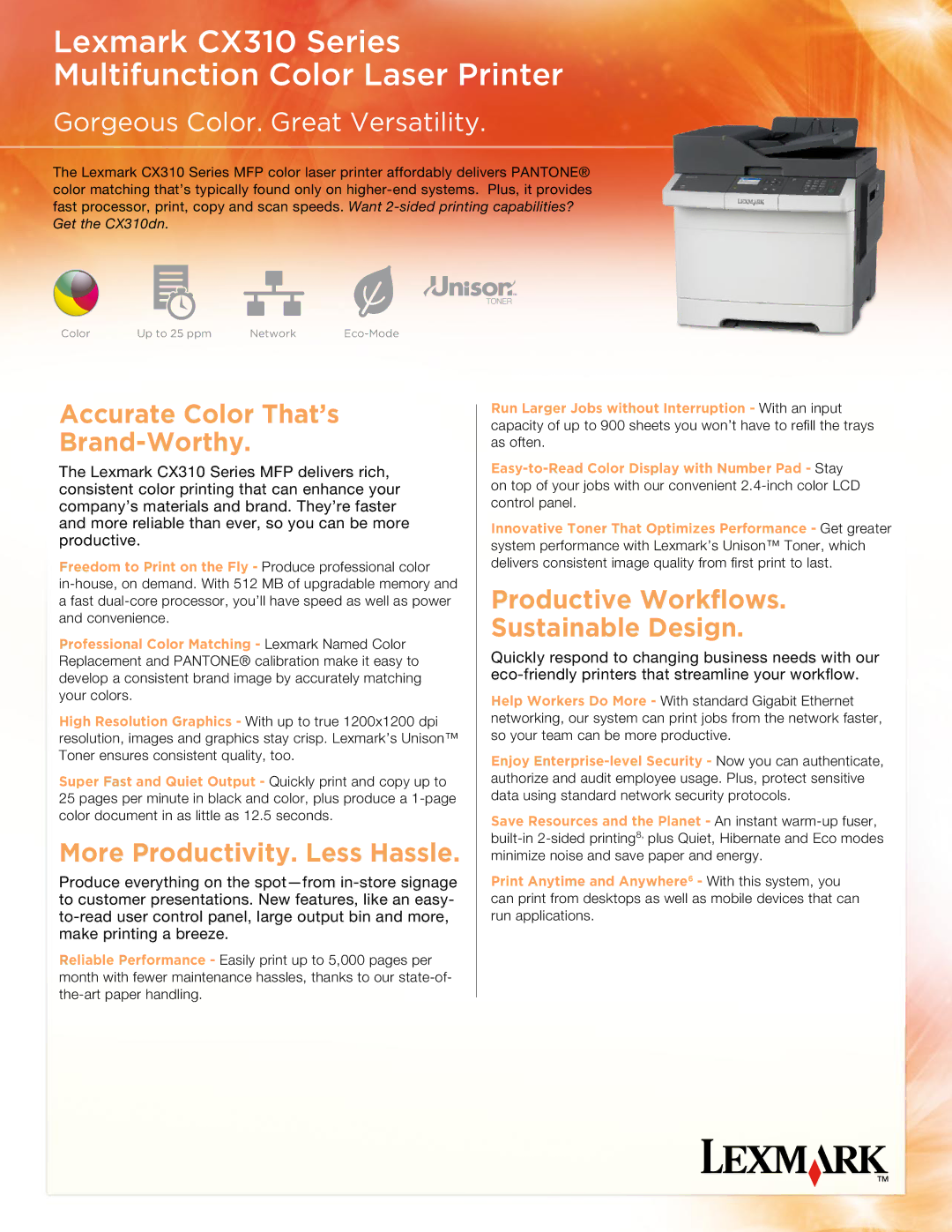 Toshiba CX310 manual Accurate Color That’s Brand-Worthy, More Productivity. Less Hassle 