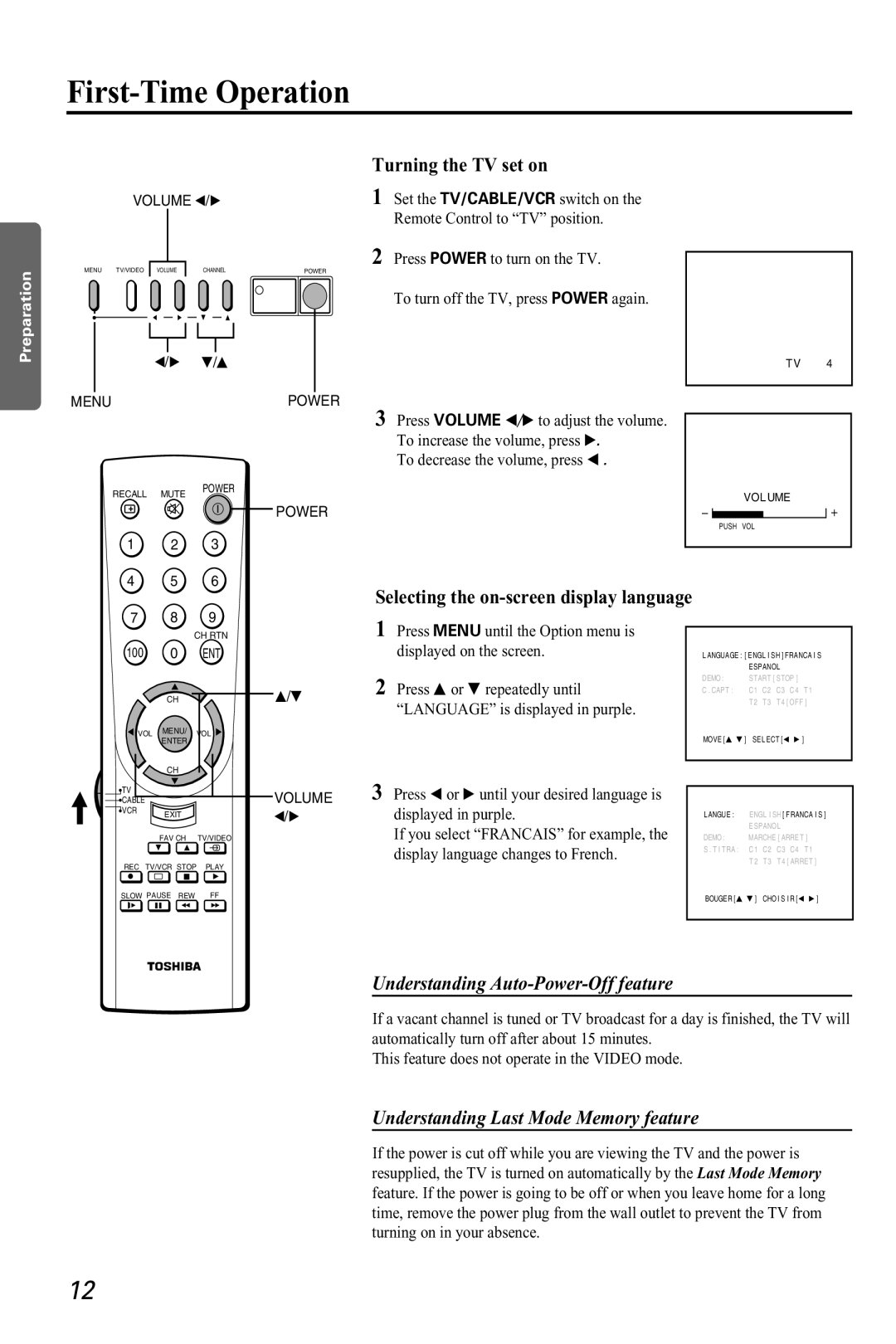 Toshiba CZ 19T31 manual First-Time Operation, Turning the TV set on, Selecting the on-screen display language 