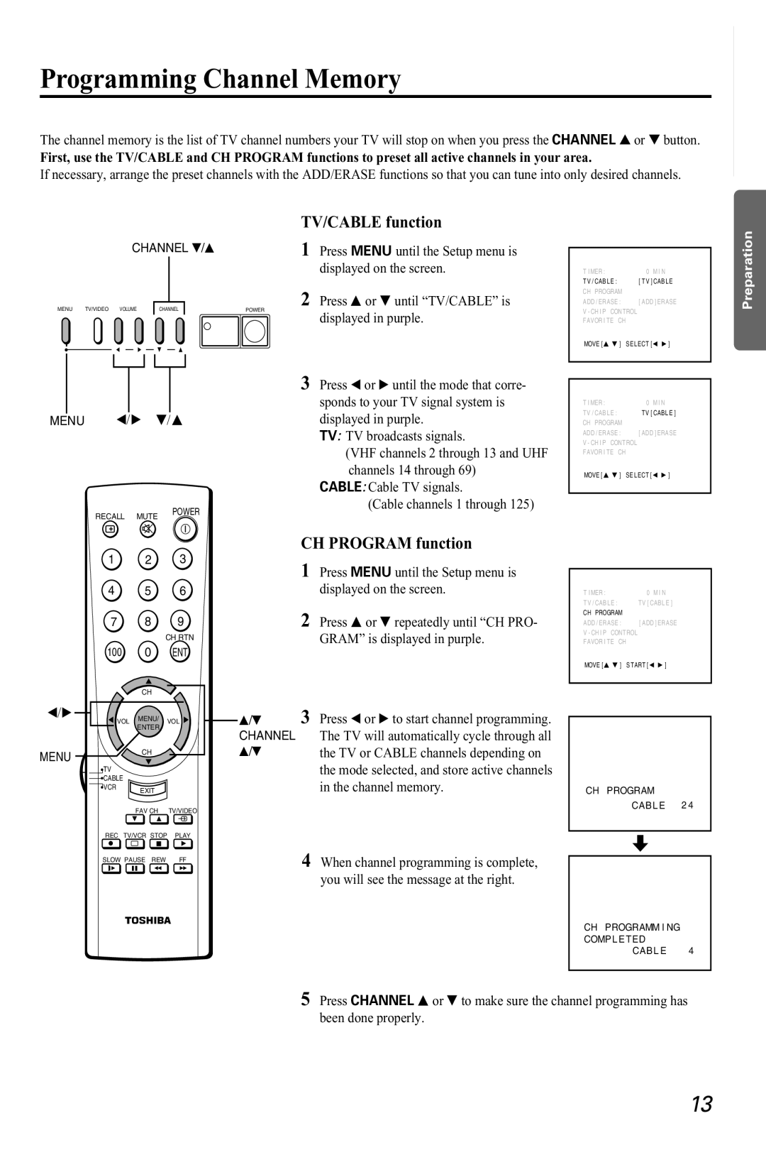 Toshiba CZ 19T31 manual Programming Channel Memory, TV/CABLE function, CH Program function 