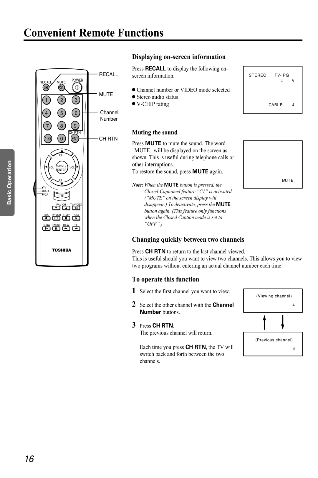 Toshiba CZ 19T31 Convenient Remote Functions, Displaying on-screen information, Changing quickly between two channels 