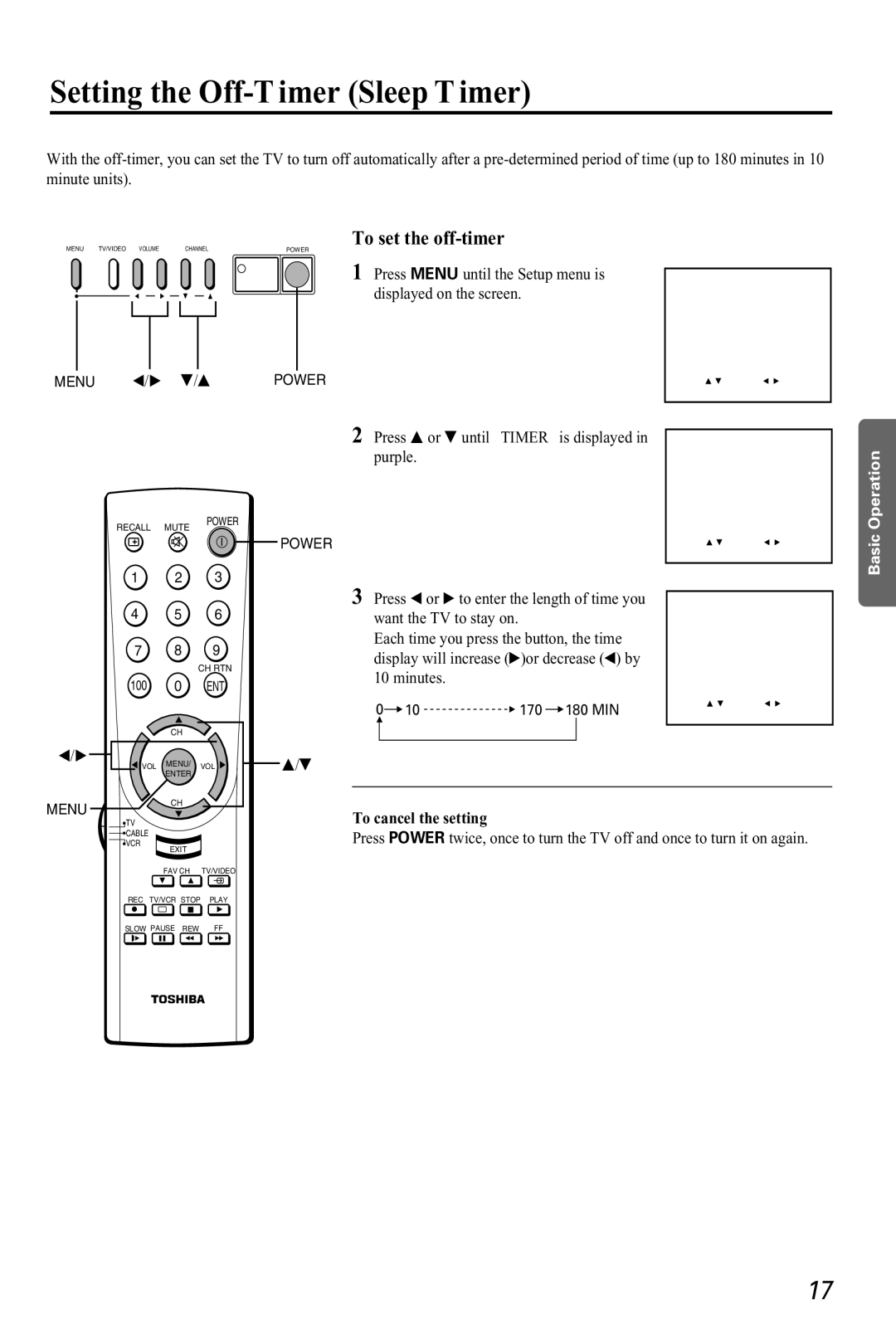 Toshiba CZ 19T31 Setting the Off-T imer Sleep T imer, To set the off-timer, Preparation Operation, To cancel the setting 