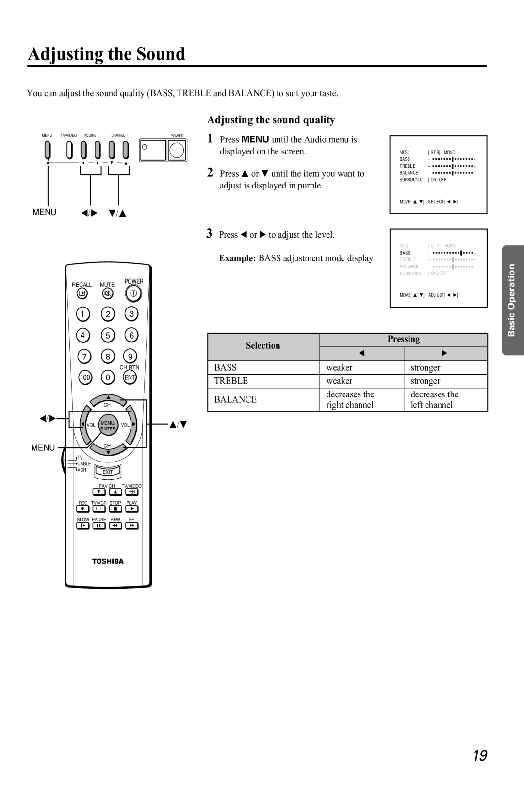 Toshiba CZ 19T31 manual Adjusting the Sound, Adjusting the sound quality, Selection Pressing 