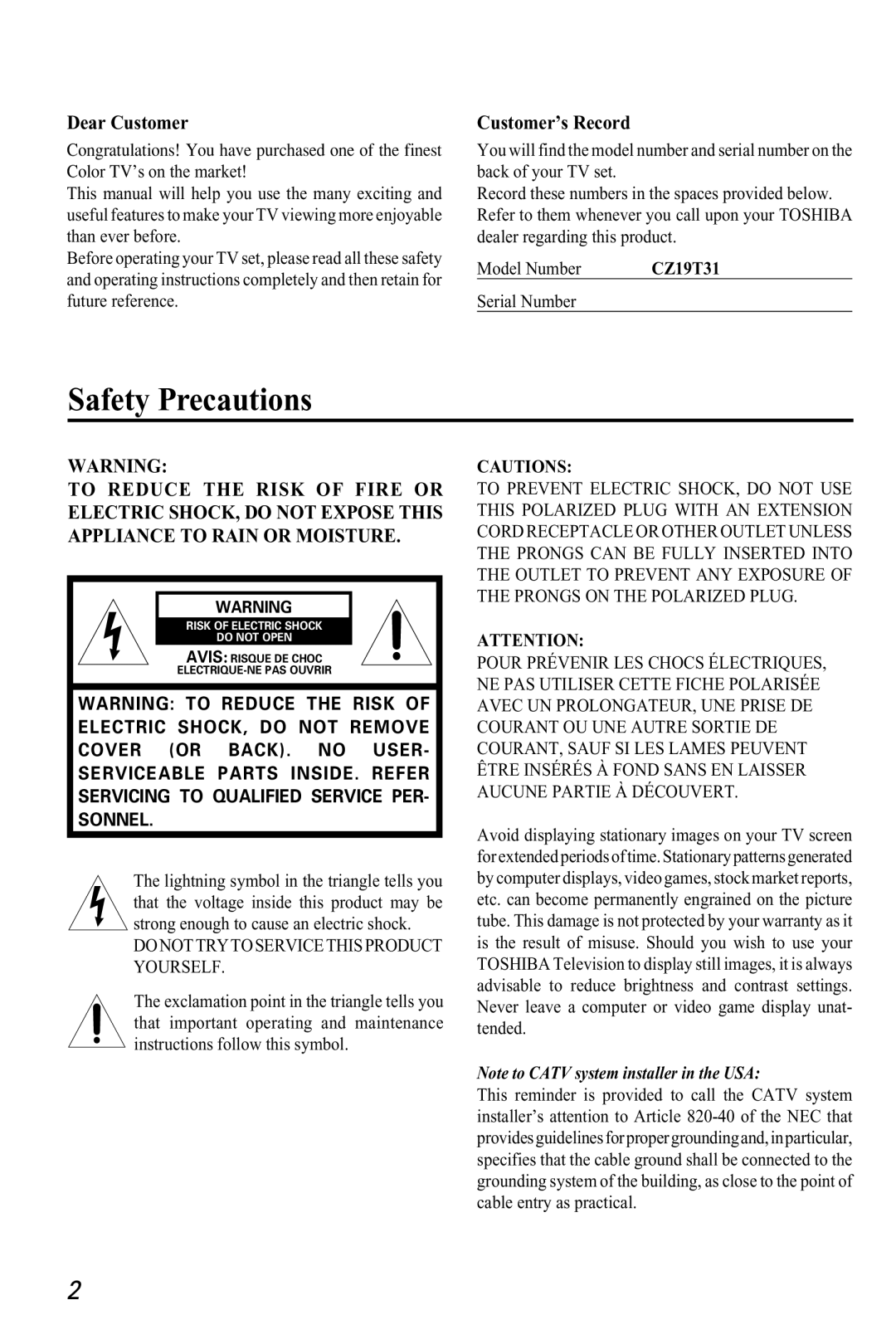 Toshiba CZ 19T31 manual Safety Precautions, Dear Customer, Customer’s Record, Set up Preparation 