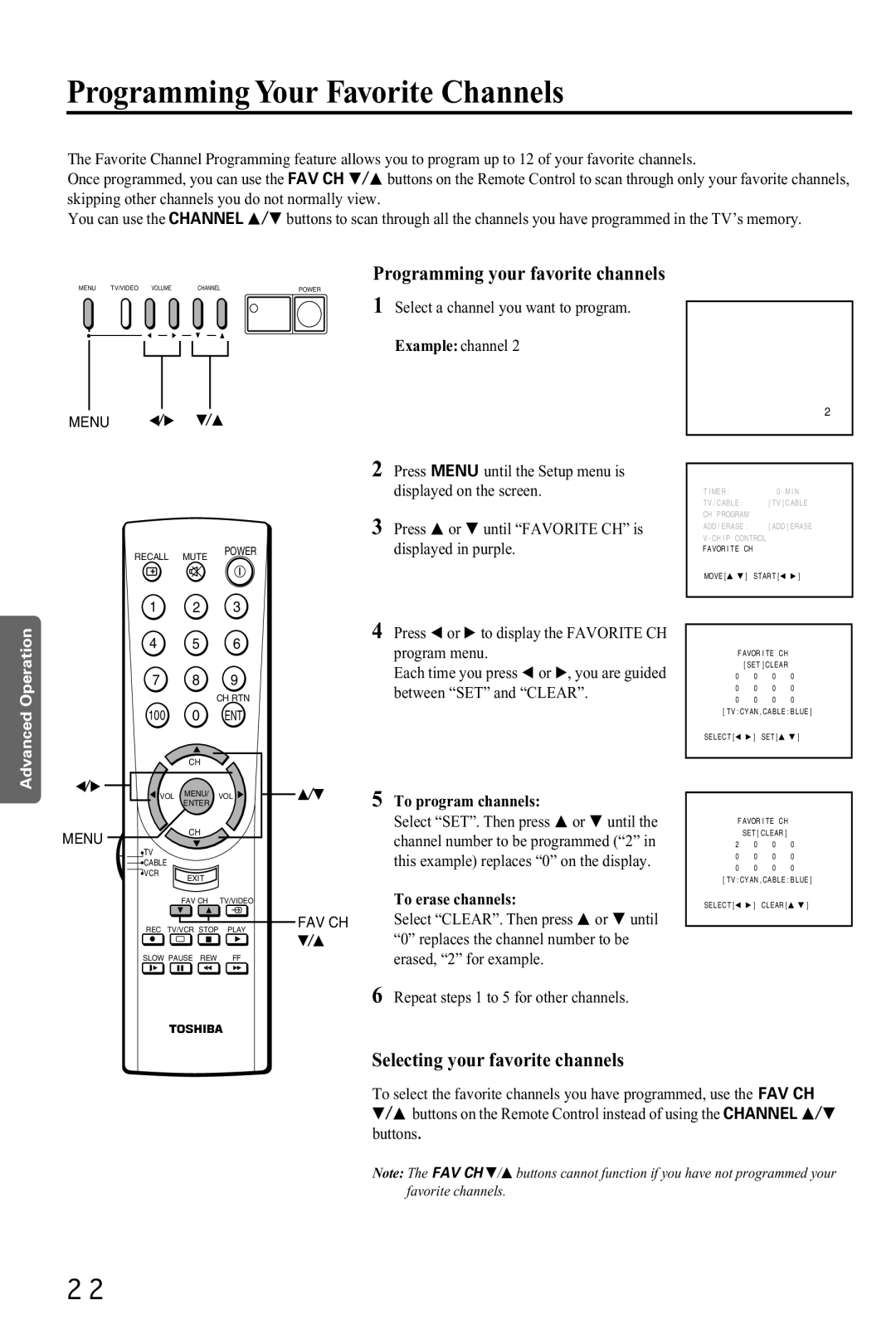 Toshiba CZ 19T31 Programming Your Favorite Channels, Programming your favorite channels, Selecting your favorite channels 