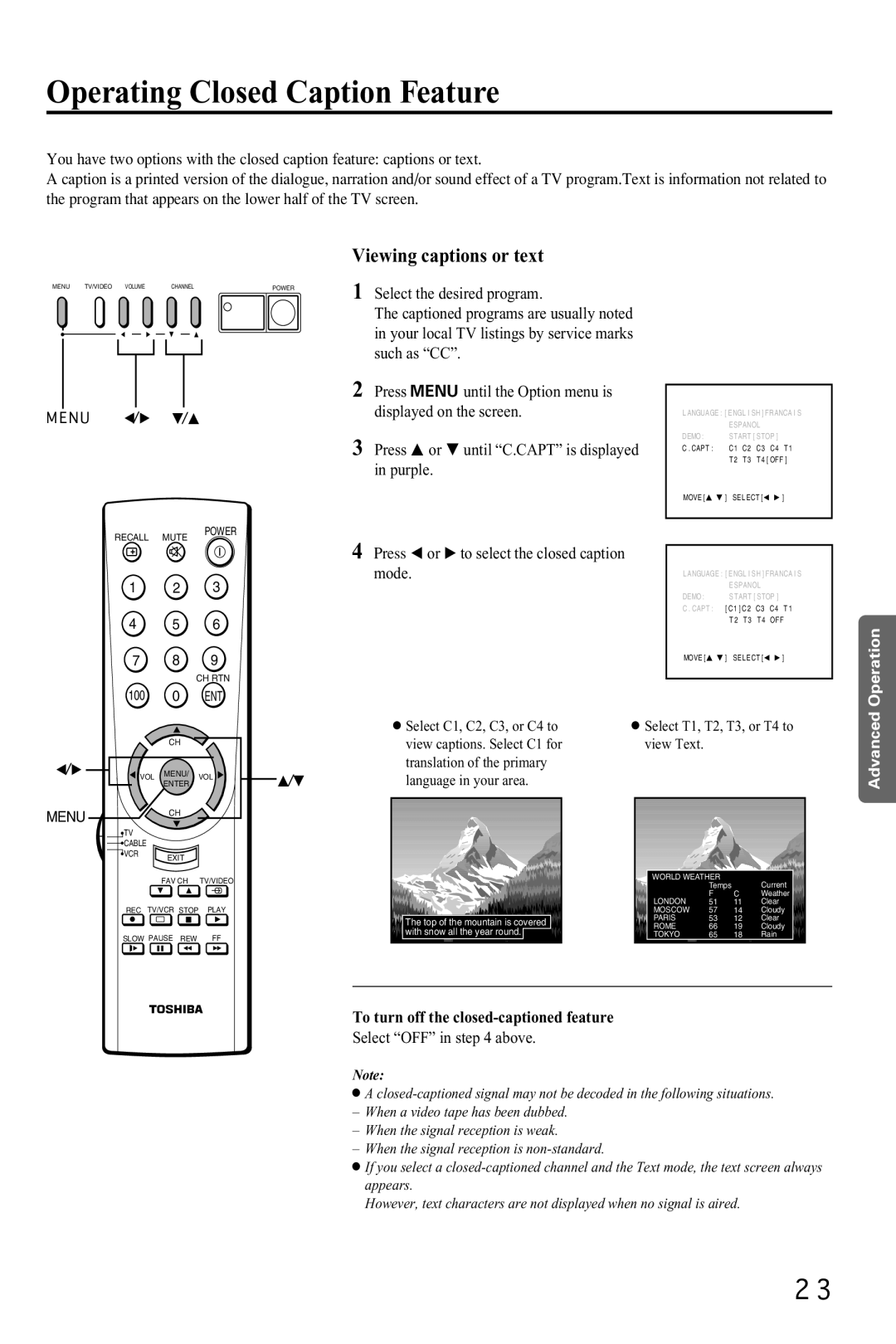 Toshiba CZ 19T31 manual Operating Closed Caption Feature, Viewing captions or text, Selection 