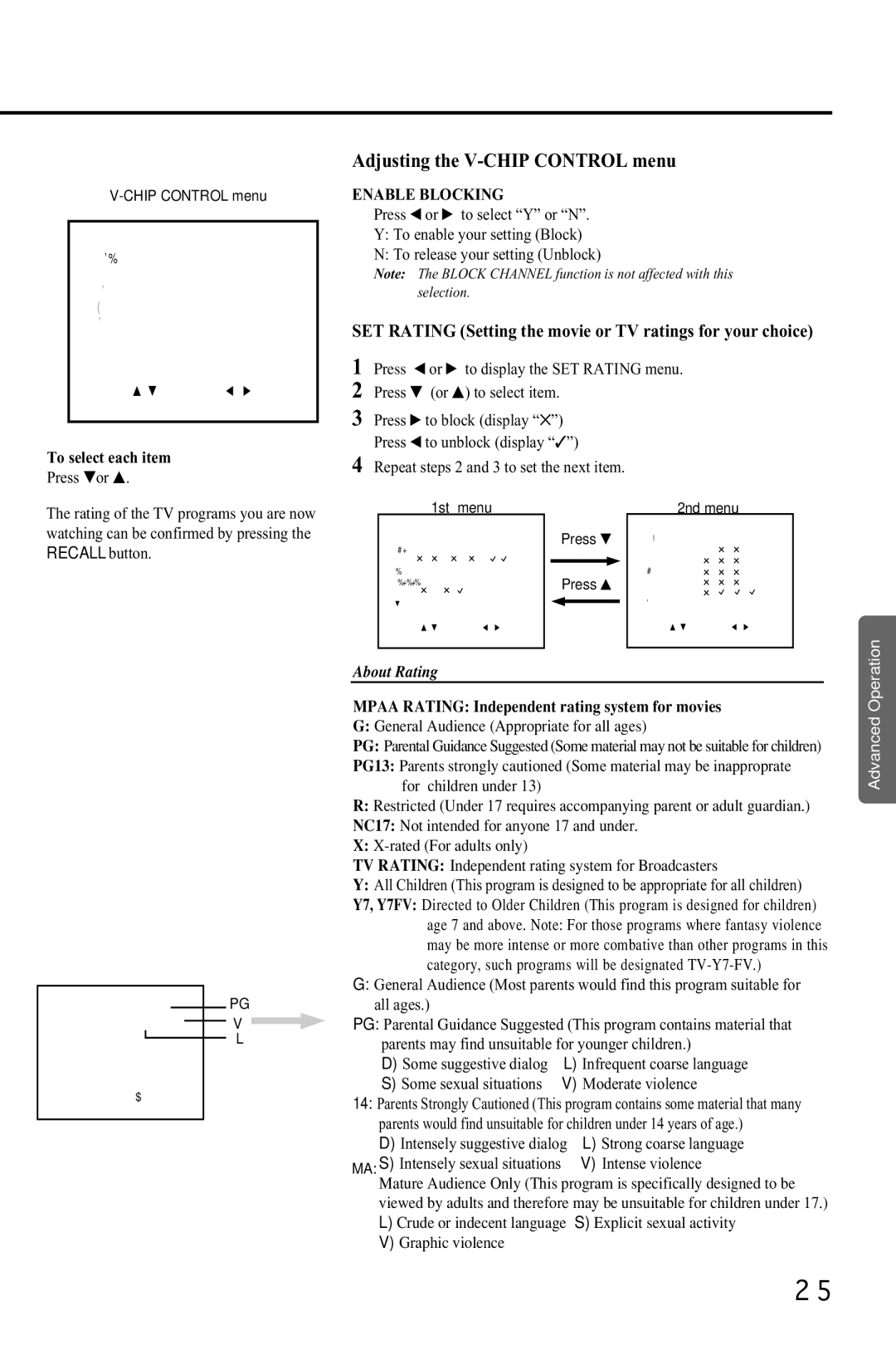 Toshiba CZ 19T31 Adjusting the V-CHIP Control menu, To select each item, Mpaa Rating Independent rating system for movies 