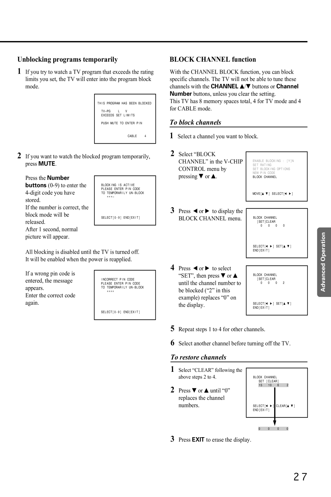 Toshiba CZ 19T31 manual Unblocking programs temporarily, Block Channel function, To block channels, To restore channels 