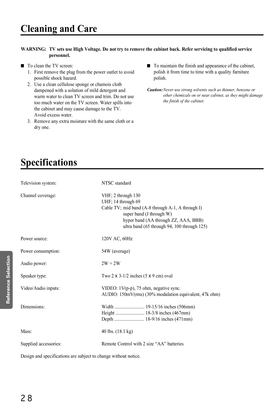 Toshiba CZ 19T31 manual Cleaning and Care, Specifications, Personnel 