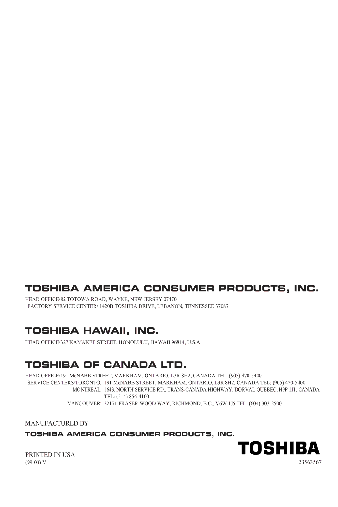 Toshiba CZ 19T31 manual Toshiba America Consumer PRODUCTS, INC, 23563567 