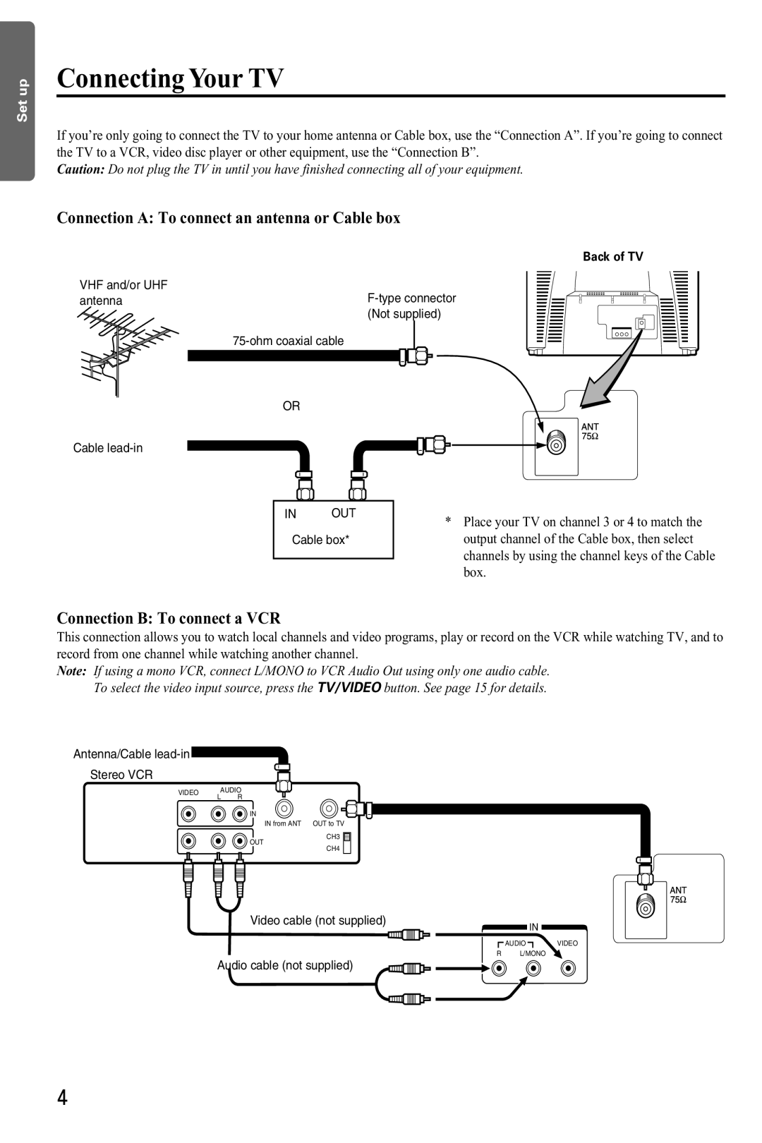 Toshiba CZ 19T31 Connecting Your TV, Connection a To connect an antenna or Cable box, Connection B To connect a VCR, Box 