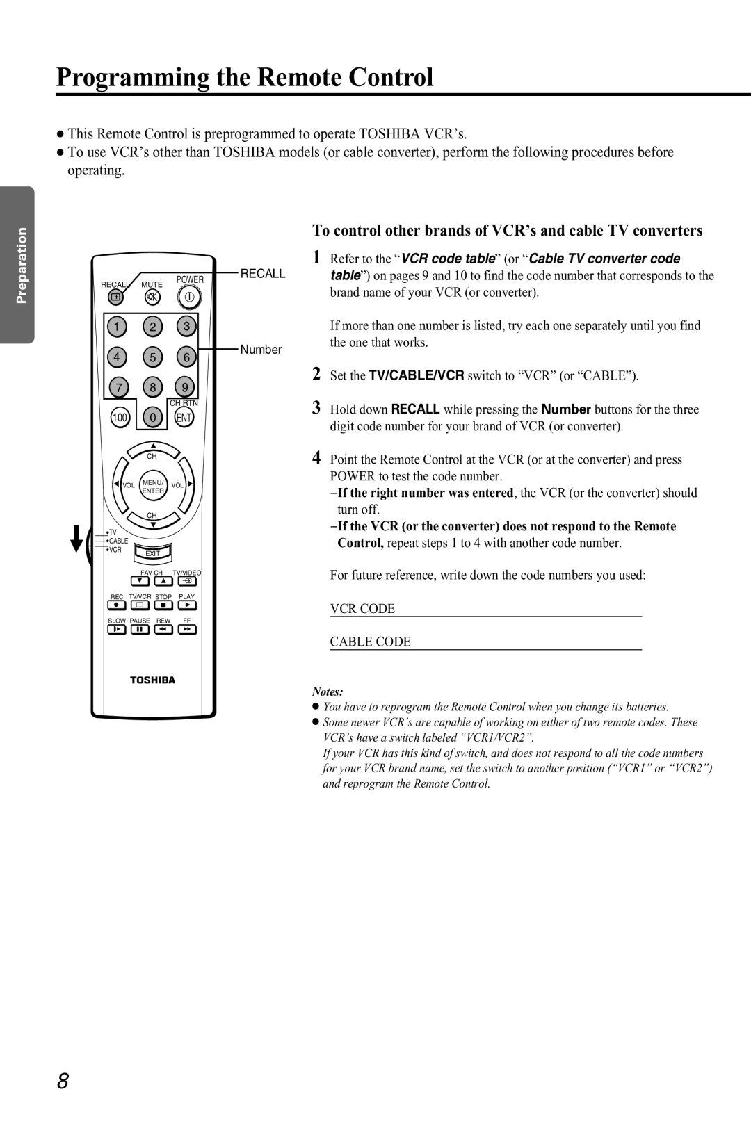 Toshiba CZ 19T31 manual Recall 