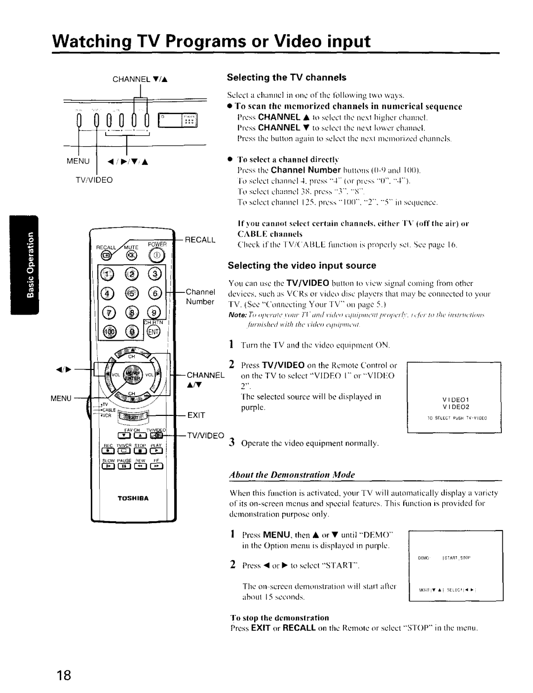 Toshiba CZ 36T31, CZ32T31 Watching TV Programs or Video input, Selecting the TV channels, Selecting the video input source 