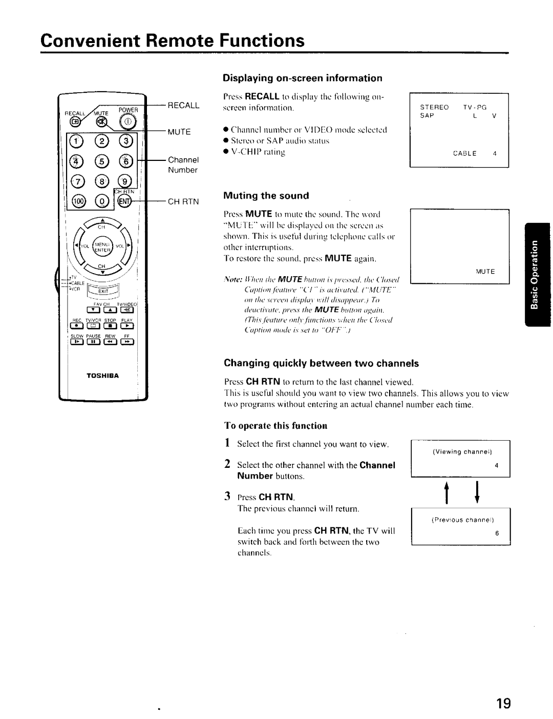 Toshiba CZ32T31 Convenient Remote Functions, R3 tin rn r3, Muting the sound, Changing quickly between two channels 