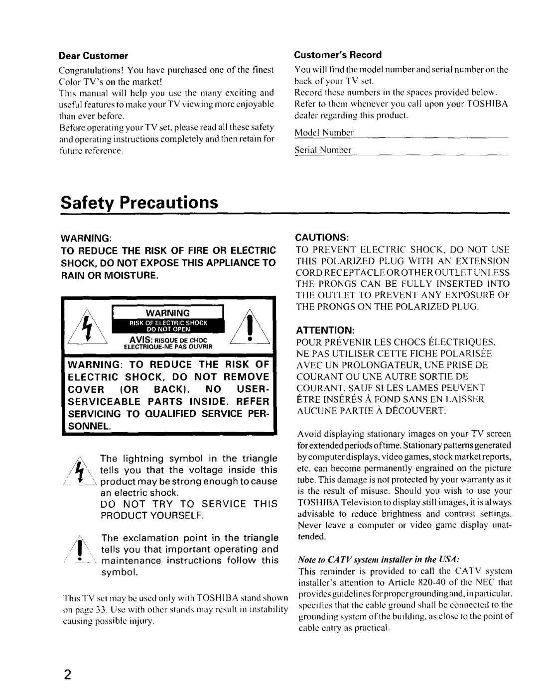 Toshiba CZ 36T31, CZ32T31 owner manual Safety Precautions, Dear Customer 