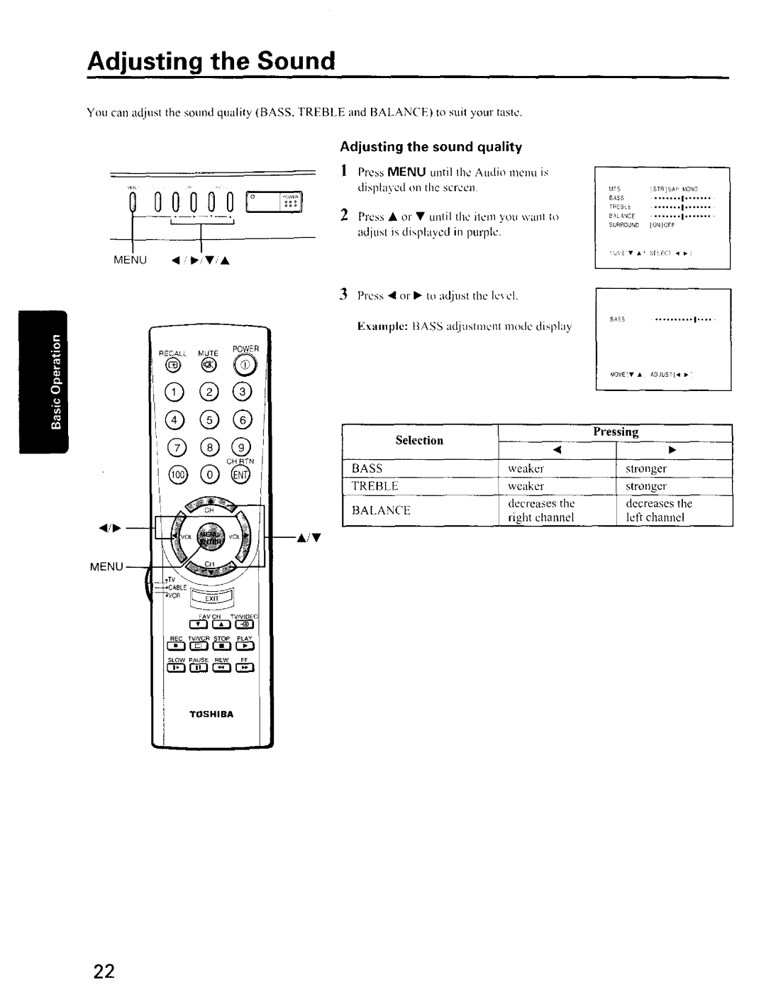 Toshiba CZ 36T31, CZ32T31 Adjusting the Sound, TREBLEweaker, Sound Quality, Press Menu Until the Audio menu is, Lip 