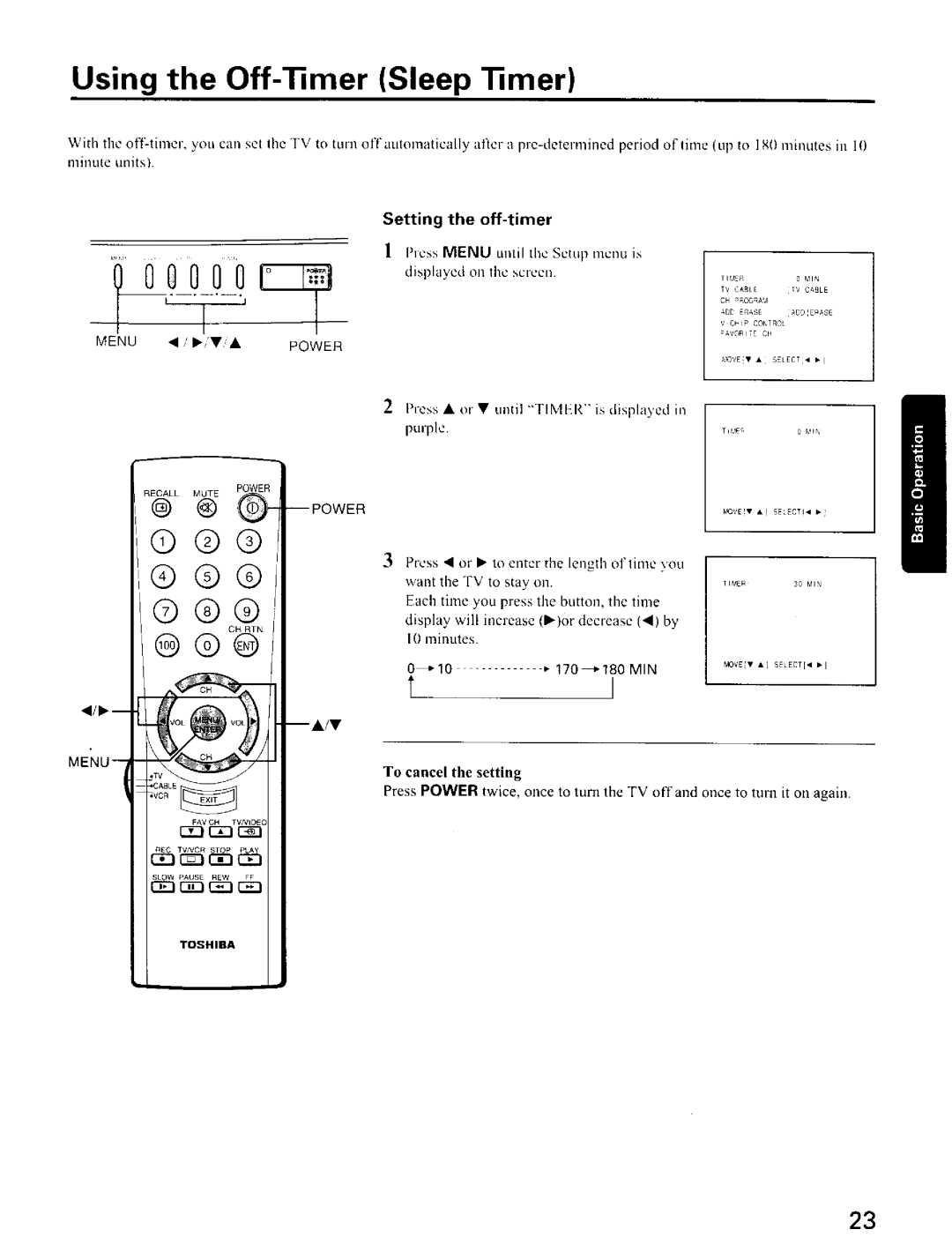 Toshiba CZ32T31 Using the Off- mer Sleep mer, Setting the off-timer, IhcssMENU until the Scrap mcnu is, 12E3rl3D r 