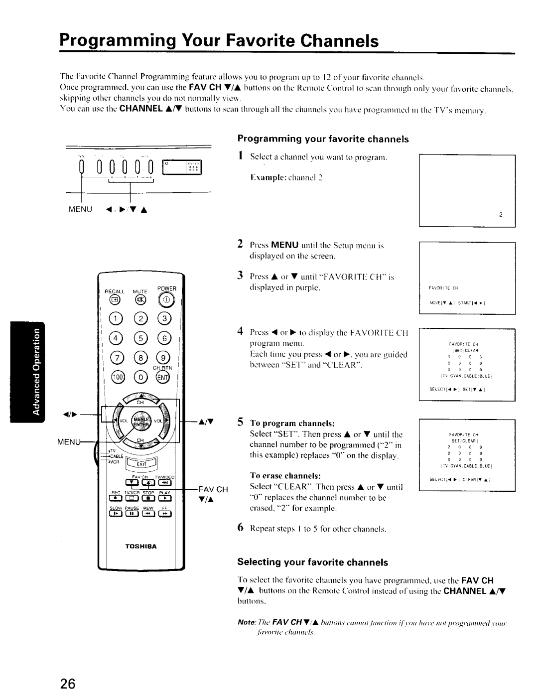 Toshiba CZ 36T31 Programming Your Favorite Channels, Programming your favorite channels, Selecting your favorite channels 