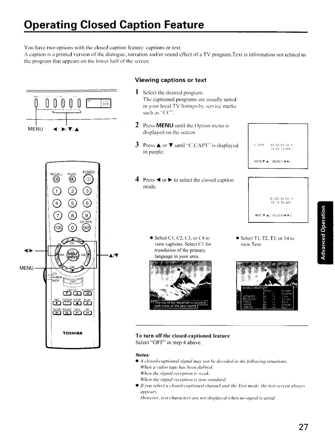 Toshiba CZ32T31, CZ 36T31 Operating Closed Caption Feature, Viewing captions or text, MENUI/l, Rrl r-rl r--i, Rl rTn 