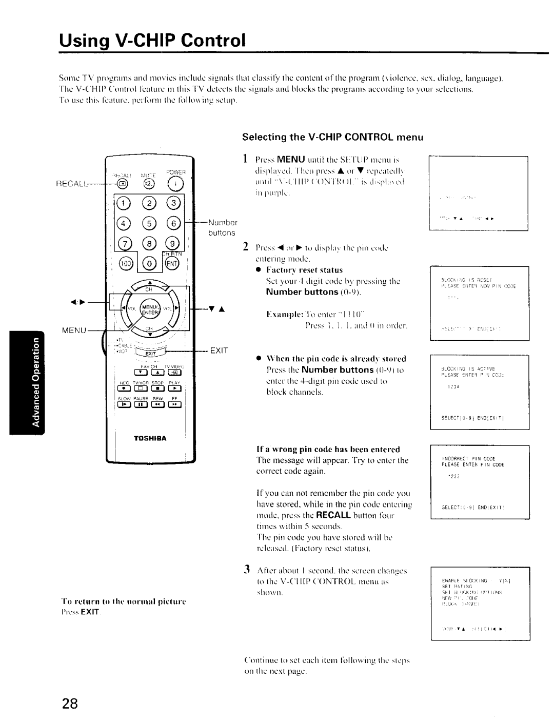 Toshiba CZ 36T31, CZ32T31 owner manual Using V-CHIP Control, Selecting the V-CHIP Control menu, Rl rn rl, Number, Pin code 