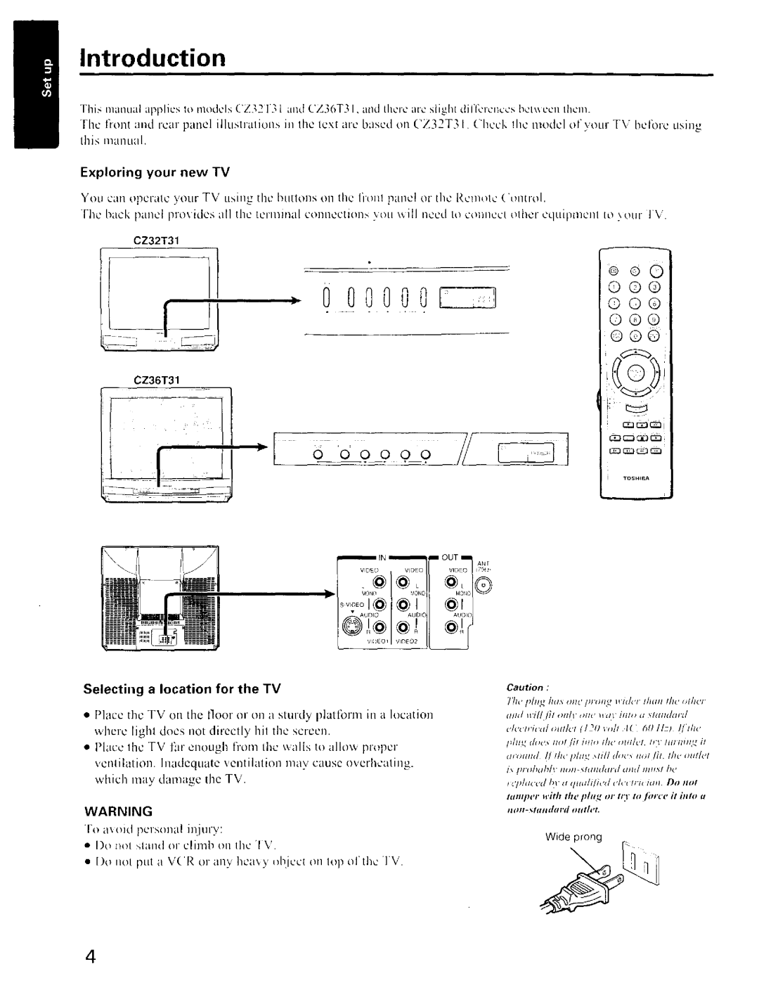 Toshiba CZ 36T31, CZ32T31 owner manual Introduction, Exploring your new TV, Selecting a location for the TV, Wide prong 