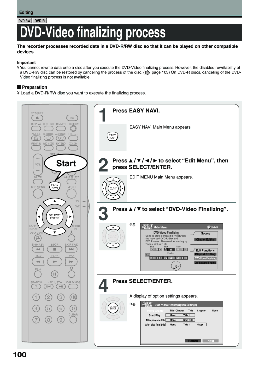 Toshiba D-R4SU, D-KR4SU, D-R4SC owner manual DVD-Video finalizing process, 100, Press / to select DVD-Video Finalizing 