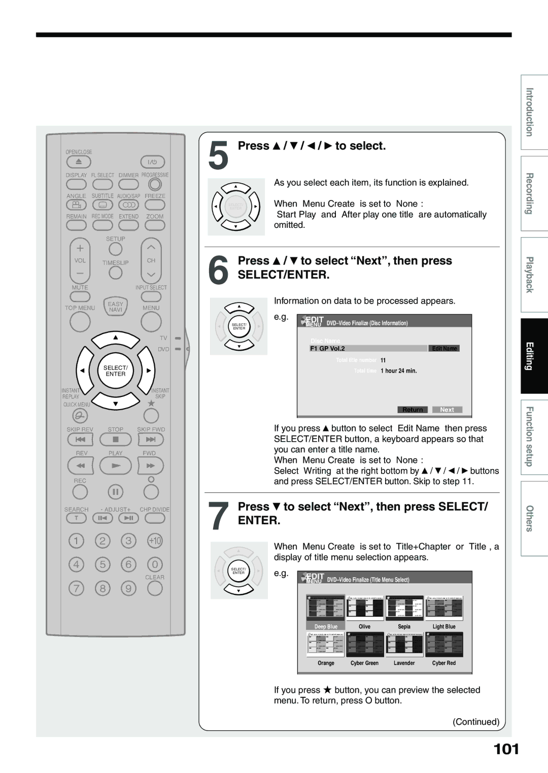 Toshiba D-R4SC, D-KR4SU, D-R4SU owner manual 101, Press / / / to select, Press / to select Next, then press 