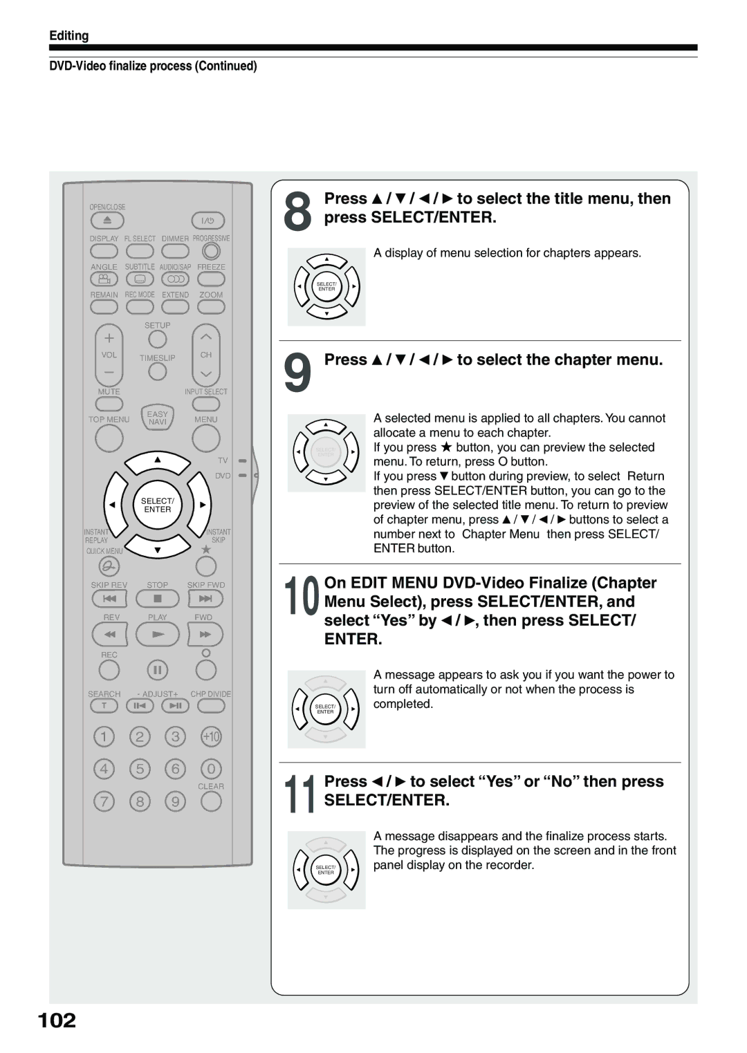 Toshiba D-KR4SU, D-R4SU, D-R4SC 102, Press / / / to select the chapter menu, Press To select Yes or No then press 