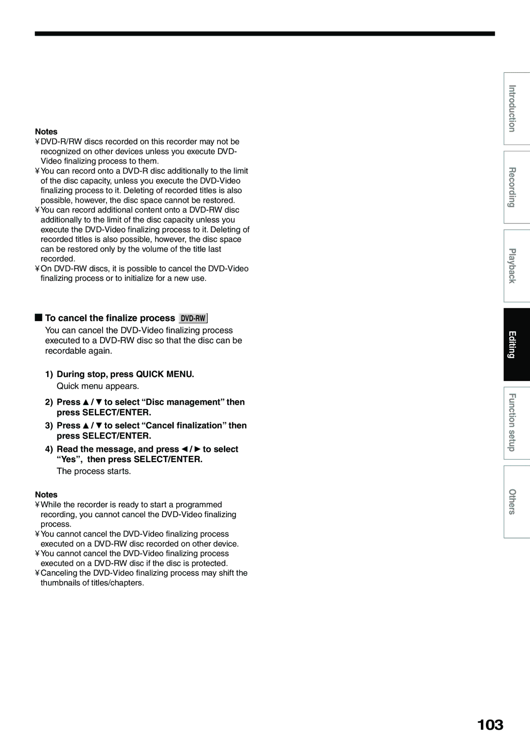 Toshiba D-R4SU, D-KR4SU, D-R4SC owner manual 103, To cancel the finalize process DVD-RW 